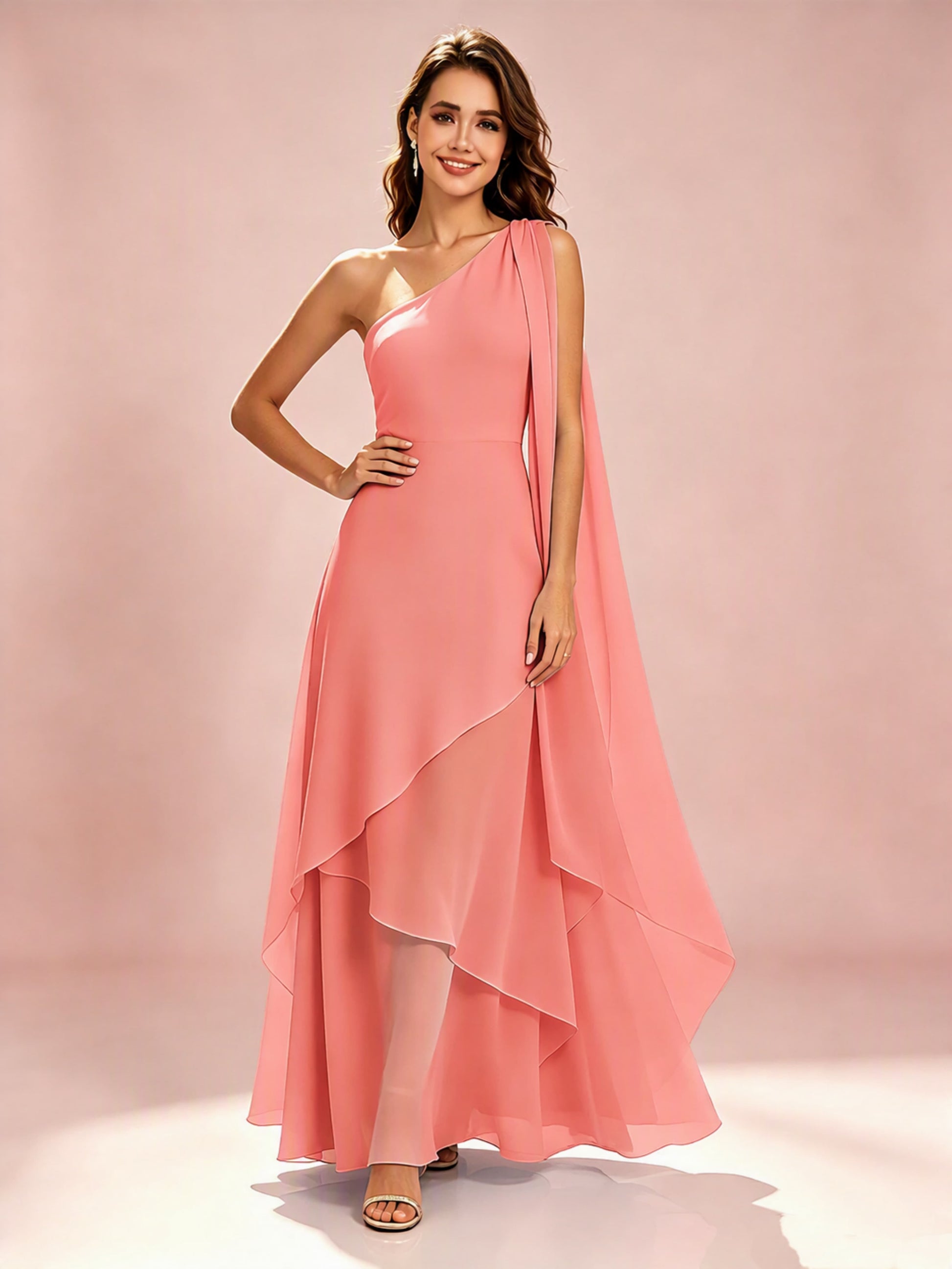 One Shoulder Chiffon Tiered Layered Bridesmaid Dresses for Wedding