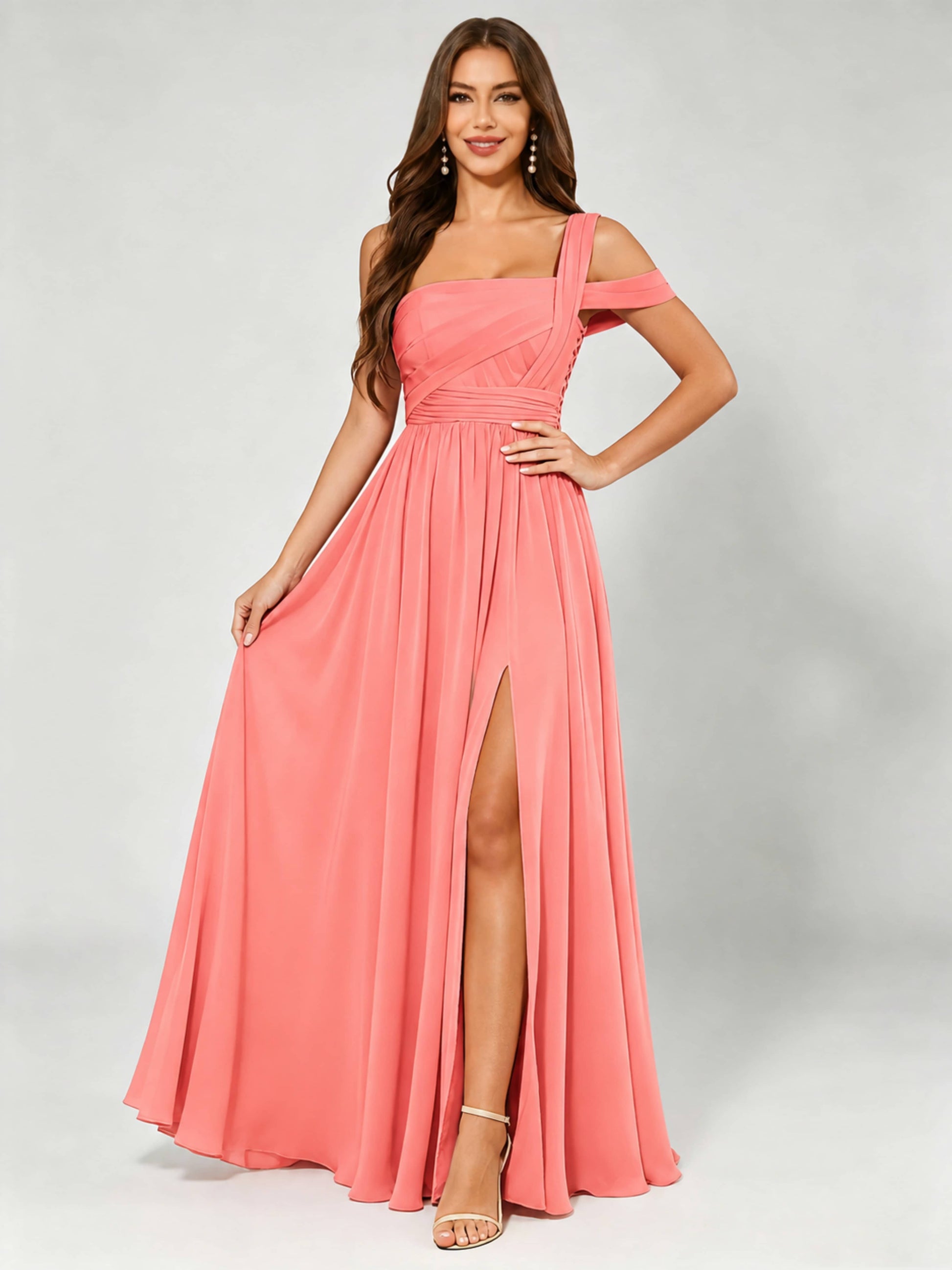 One Shoulder Chiffon Pleated Bridesmaid Dresses for Wedding