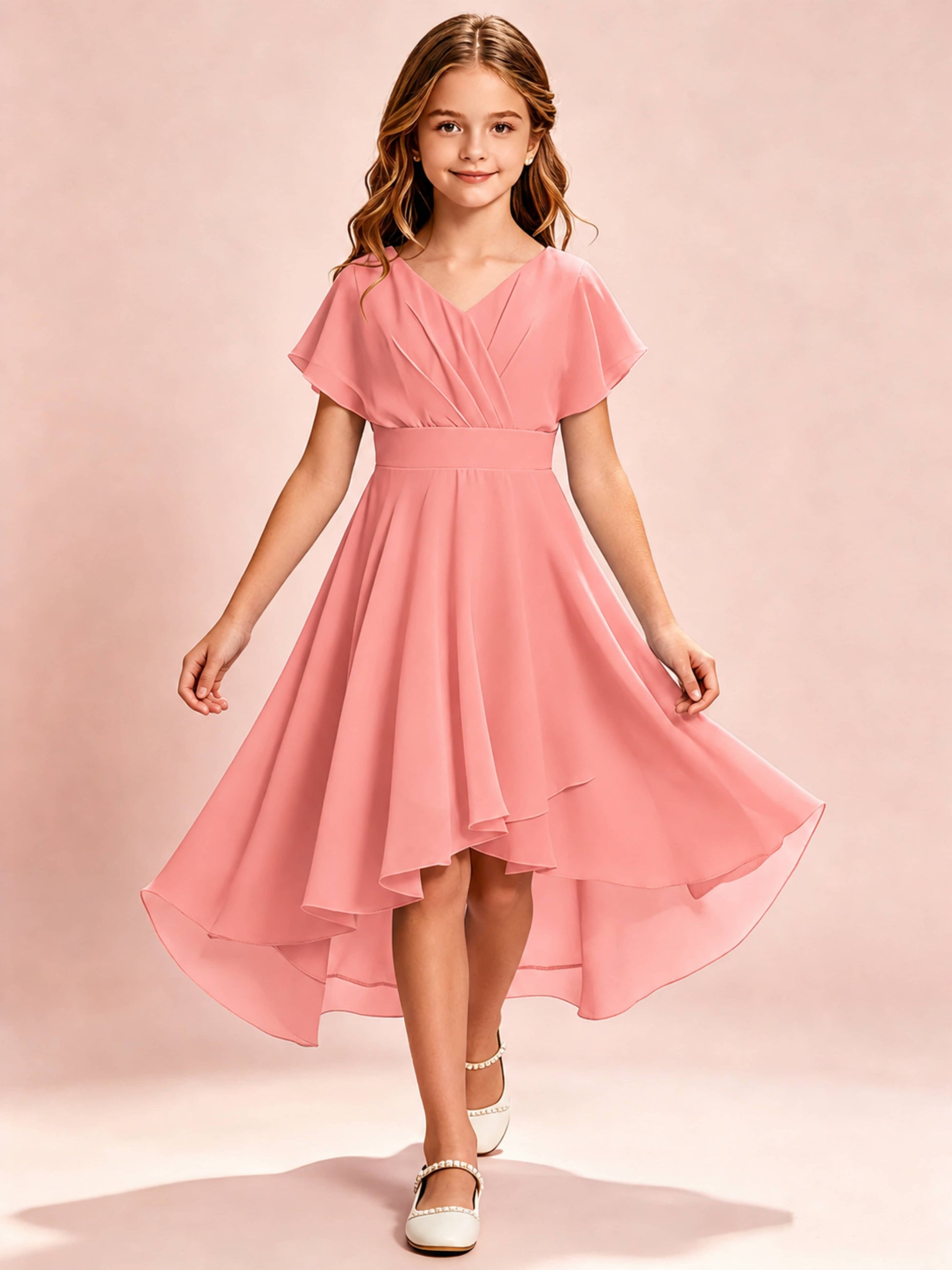 Chiffon High Low Cap Sleeve Junior Bridesmaid Dress for Wedding