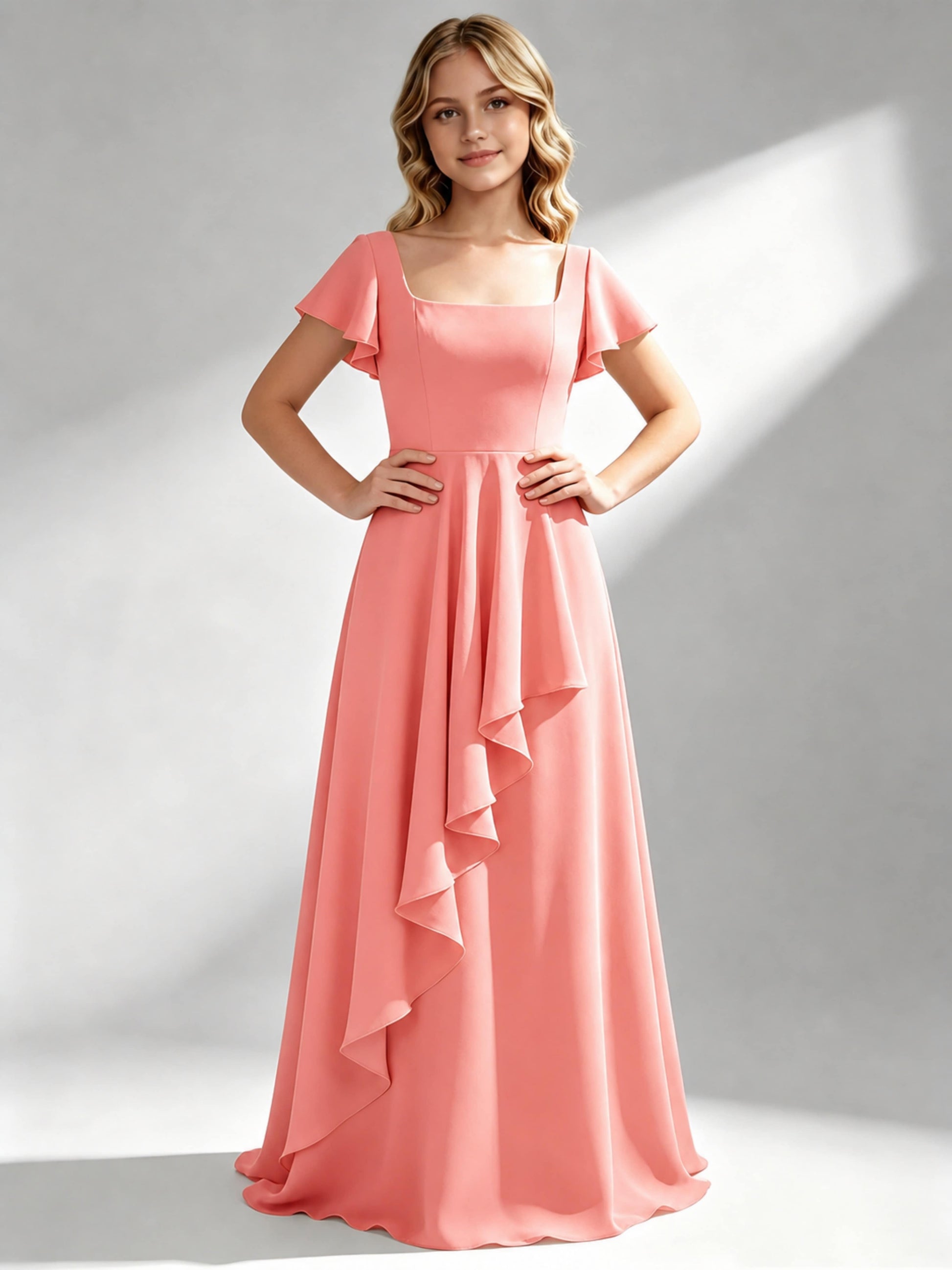 A-Line Square Neck Ruffle Junior Bridesmaid Dresses
