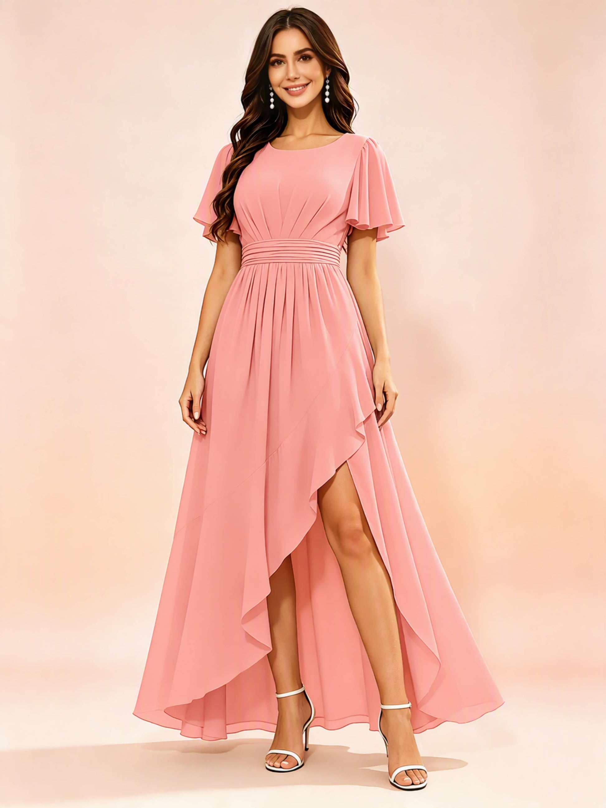 Chiffon High Low Round Neck Bridesmaid / Wedding Guest Dresses