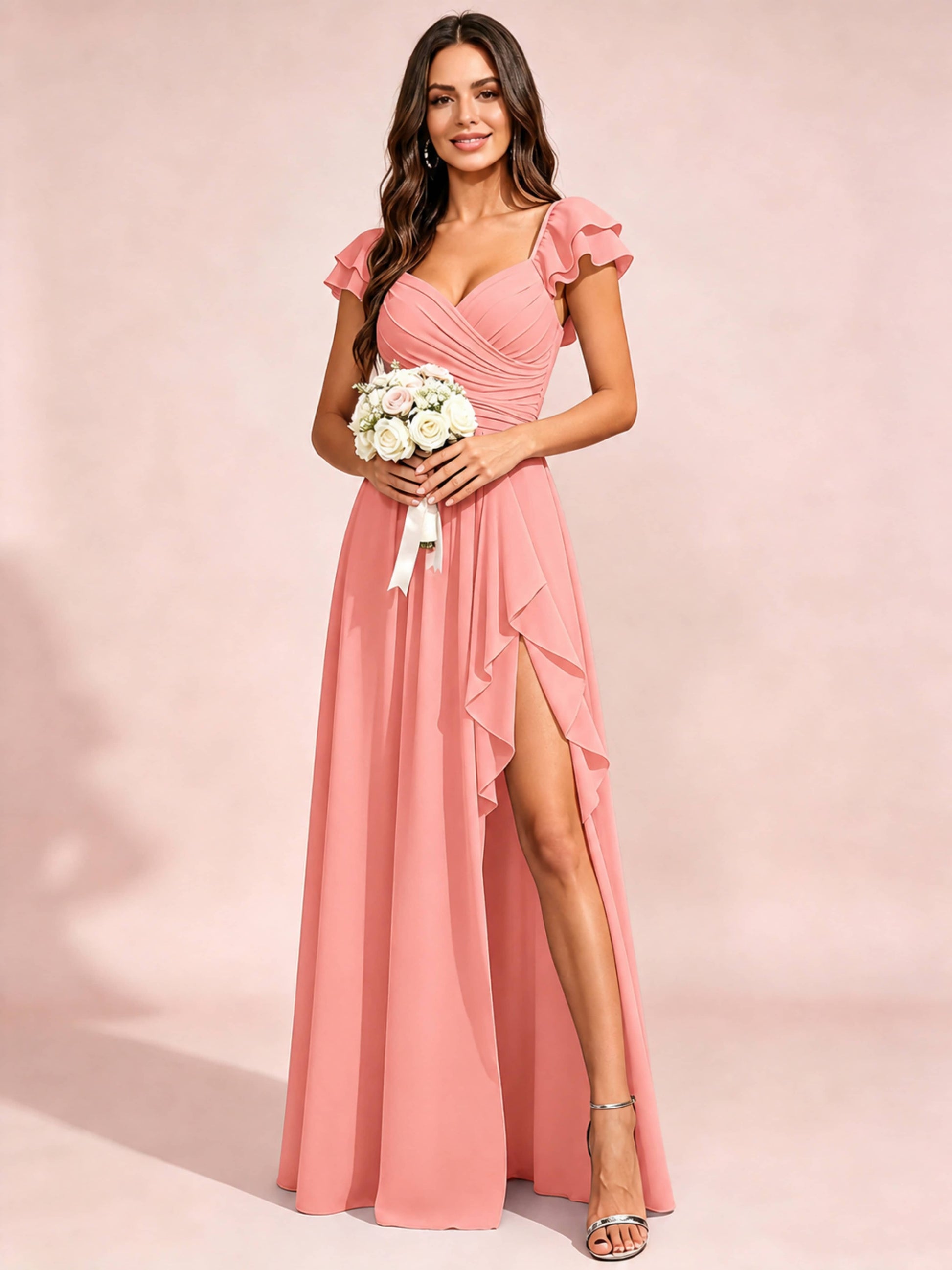 Chiffon Sweetheart Neck Ruched Bust Bridesmaid Dresses with Ruffle Slit
