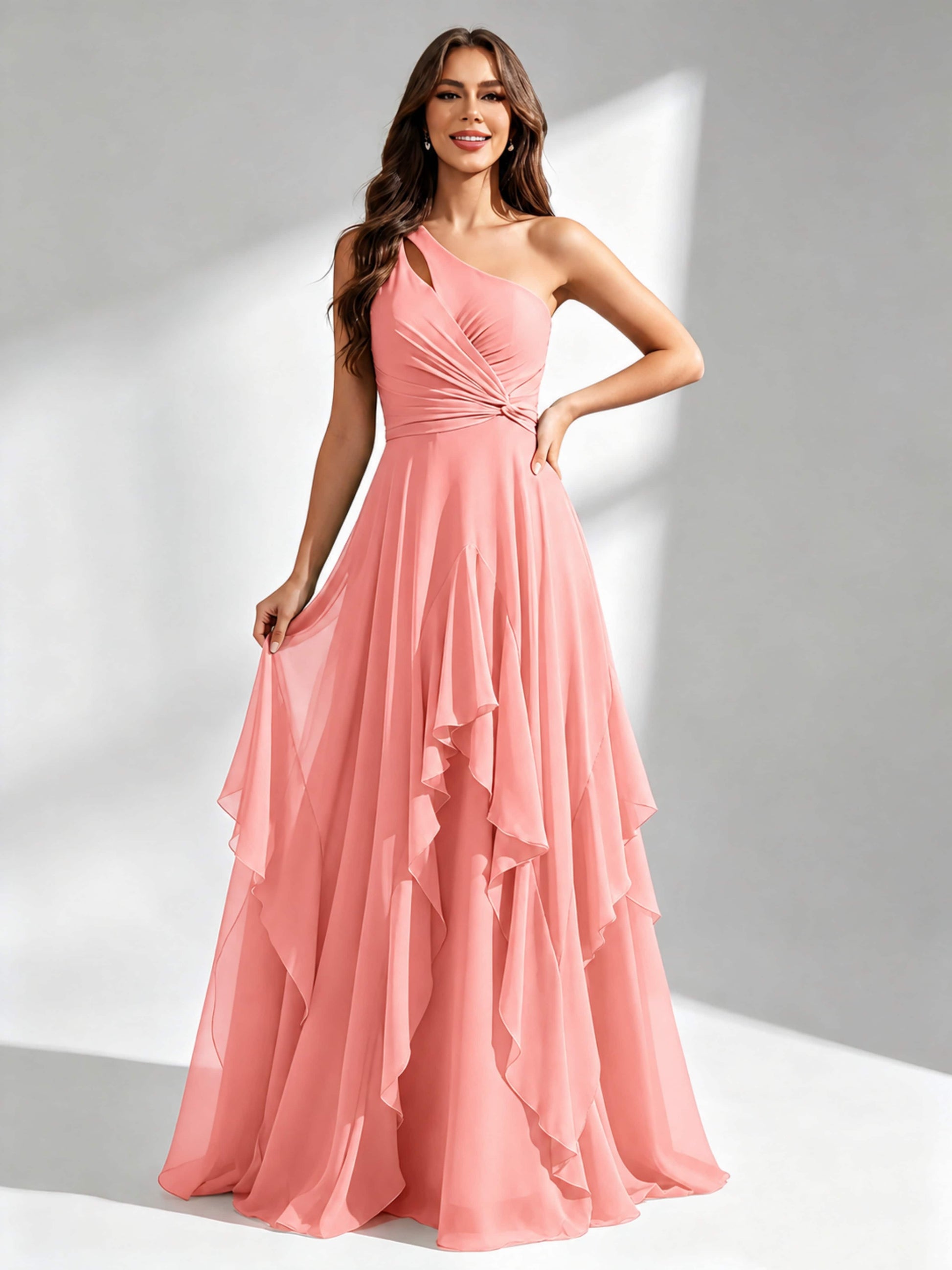 One Shoulder Ruffle Bridesmaid Dresses Formal Evening Gown