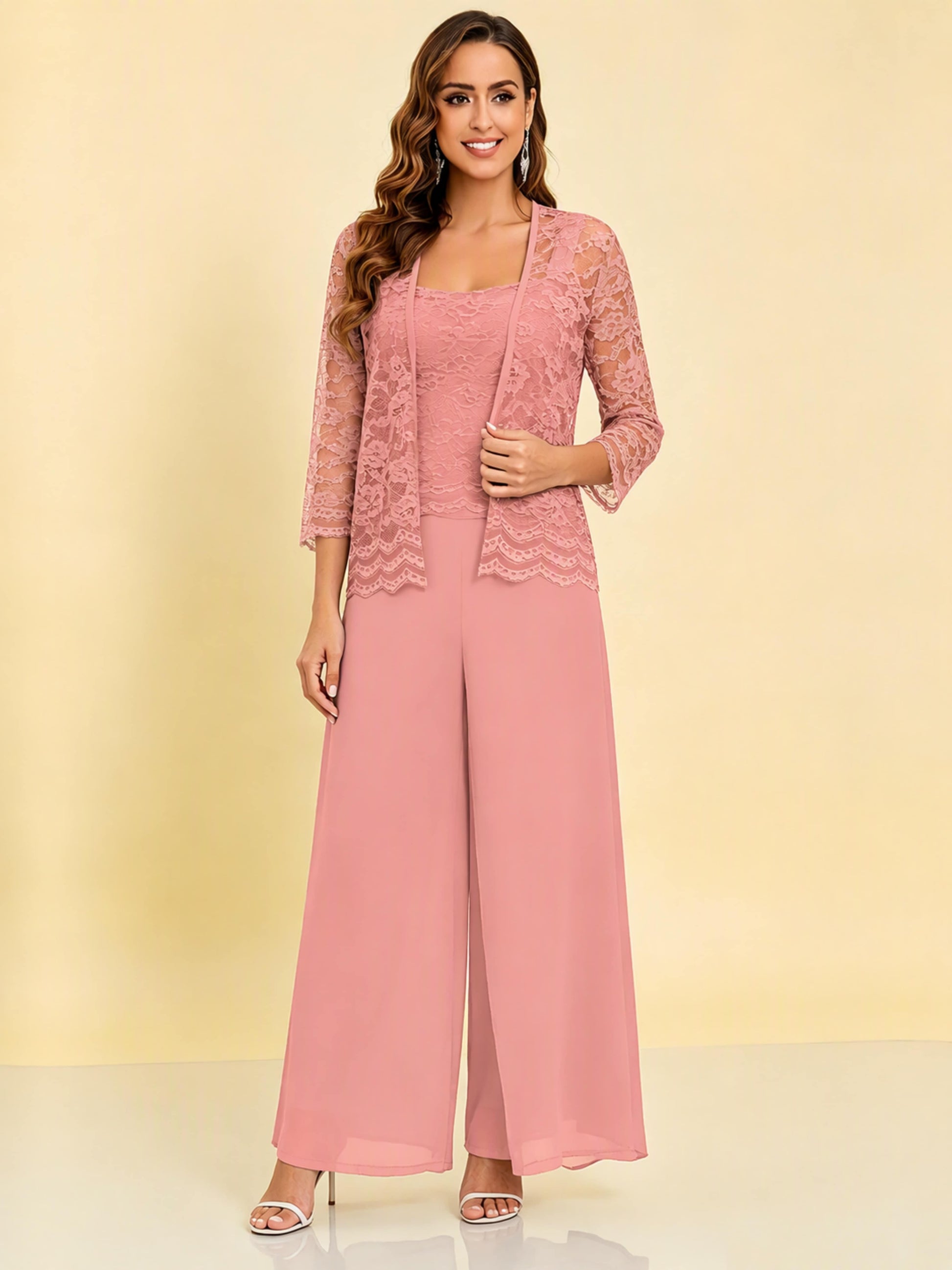 Chiffon Lace Flowy 3 Pieces Mother of The Bride Pant Suits Women Wedding