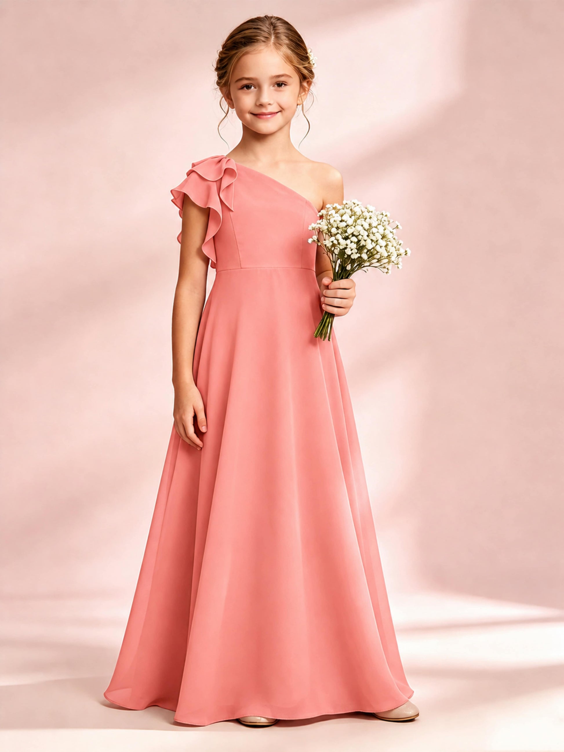 Chiffon Junior Bridesmaid Dress for Wedding One Shoulder Flower Girl Dresses