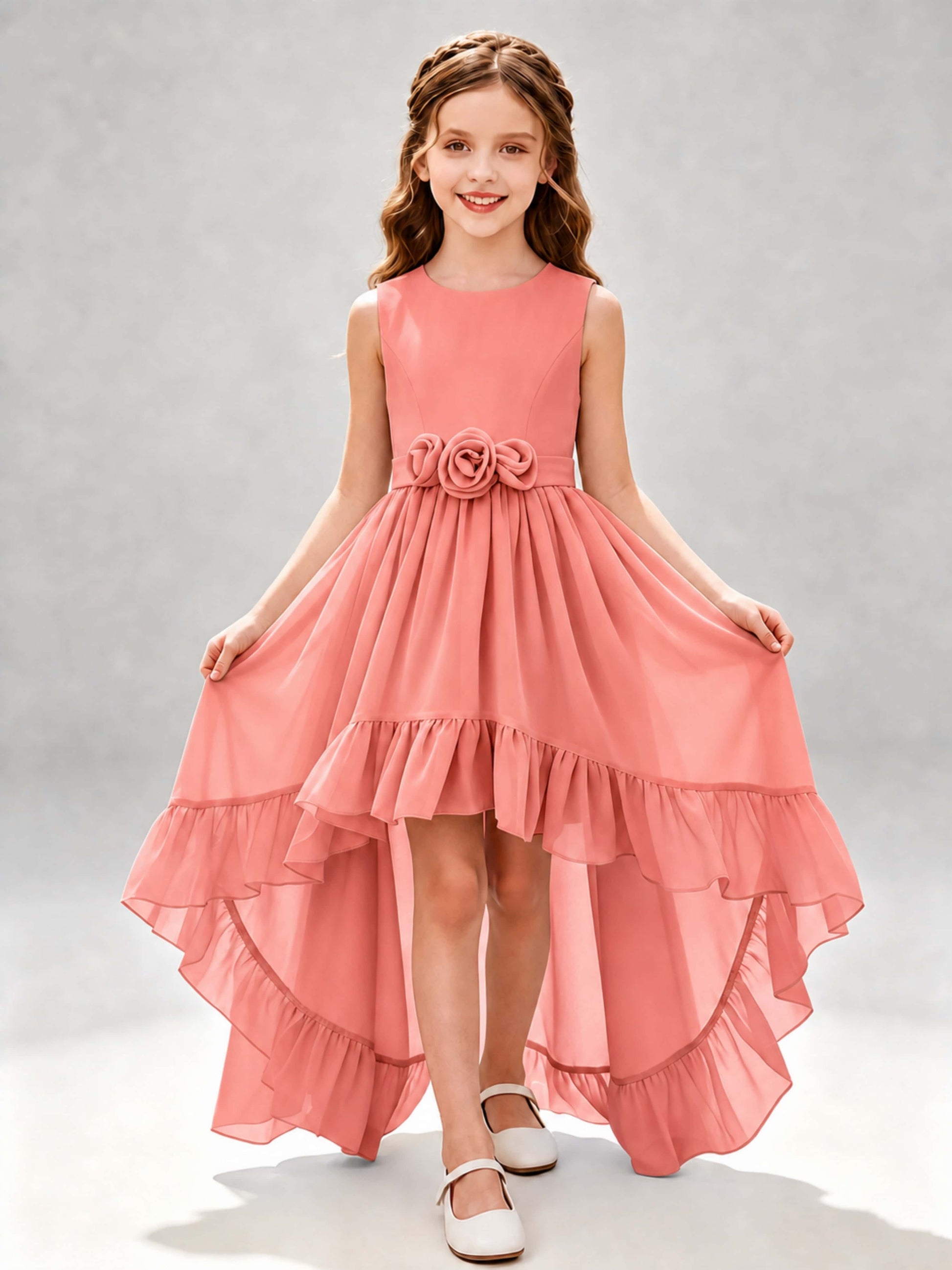 Chiffon 3D Flower High Low Junior Bridesmaid Dresses