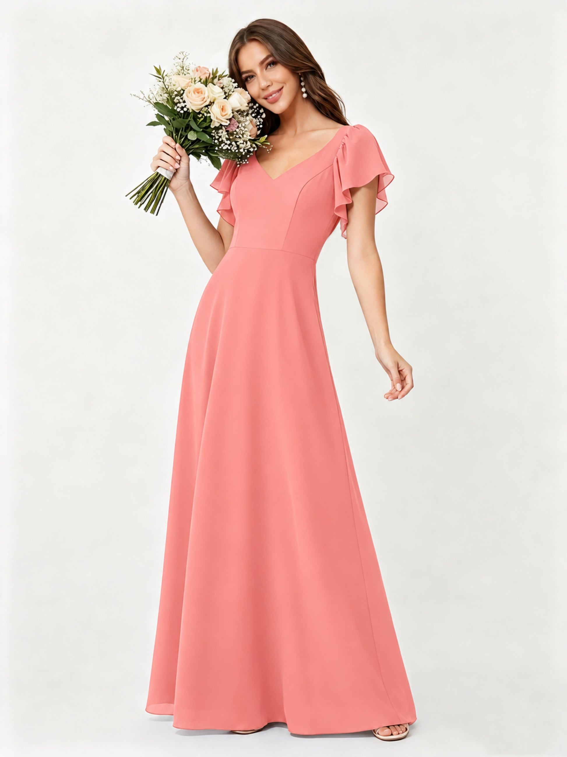 Ruffle Sleeve Chiffon Bridesmaid Dresses for Women Wedding