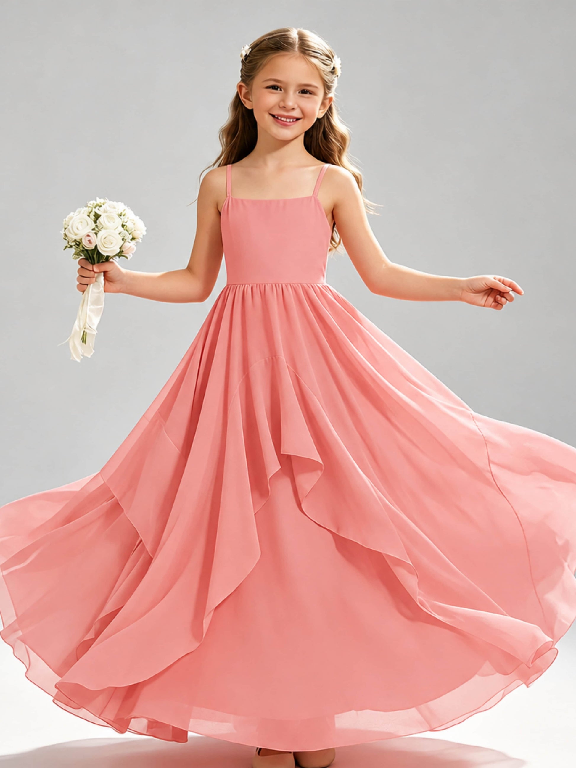 A-Line Spaghetti Straps Ruffle Junior Bridesmaid Dresses
