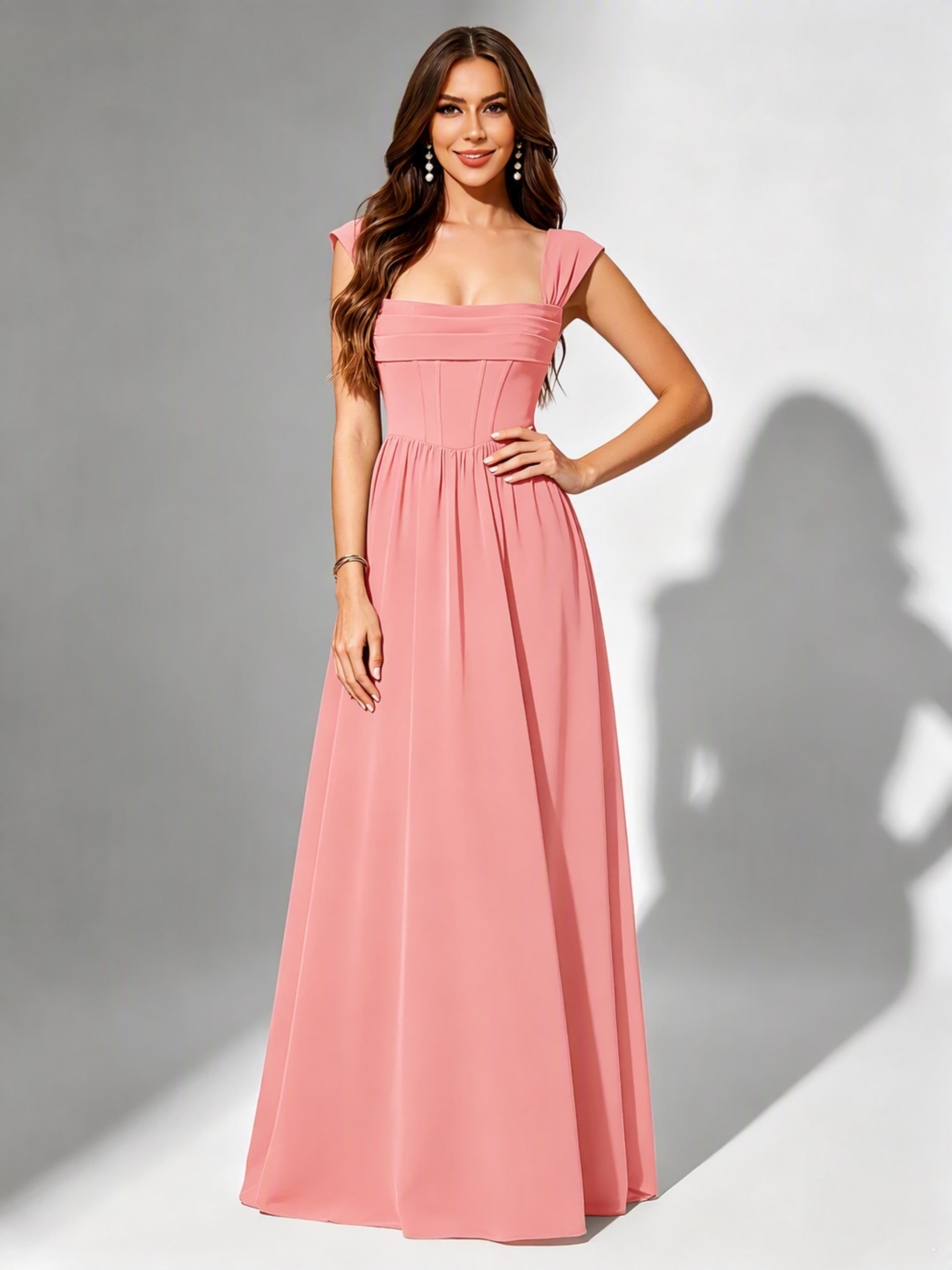 Square Neck Chiffon Bridesmaid Dress Corset Formal Gown