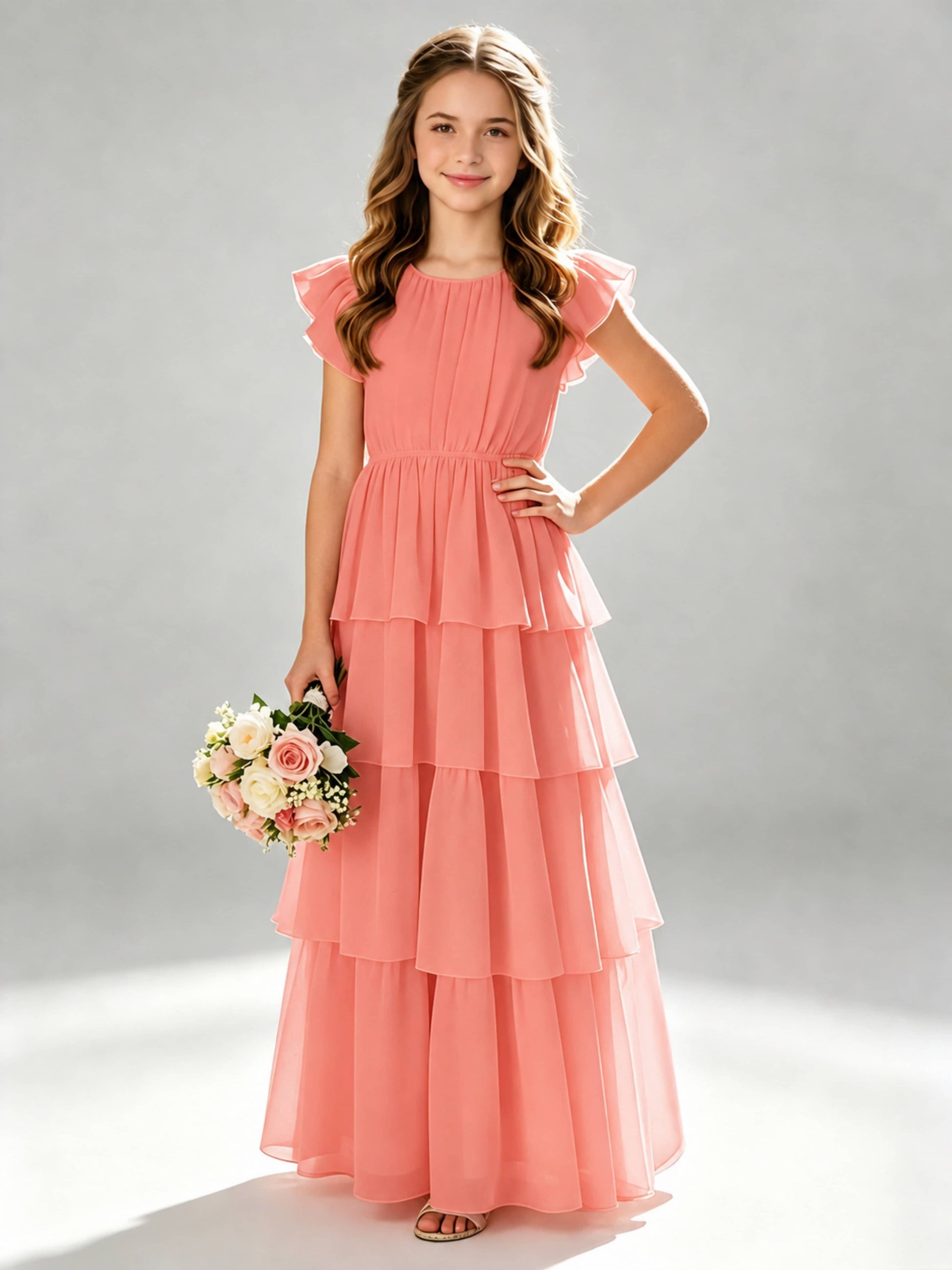 Chiffon Tiered Pleated Long Junior Bridesmaid Dresses