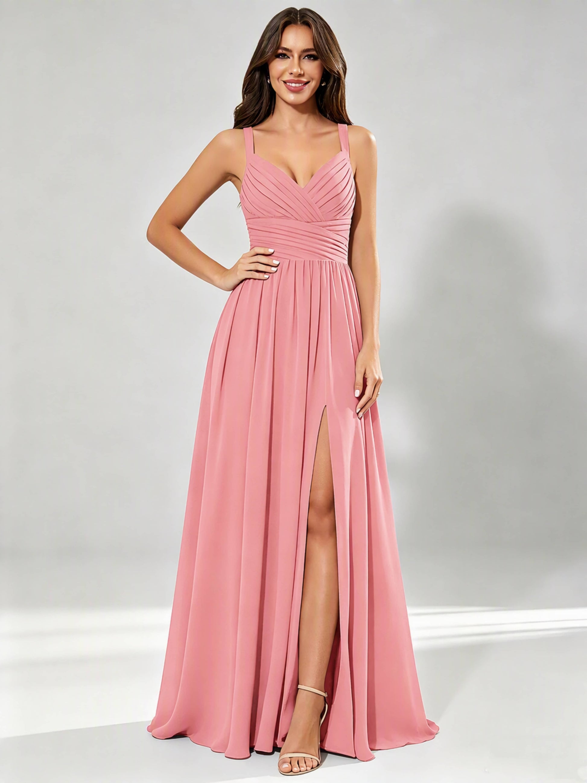 Spaghetti Straps Chiffon Ruched Bust Pleated Bridesmaid Dress for Wedding