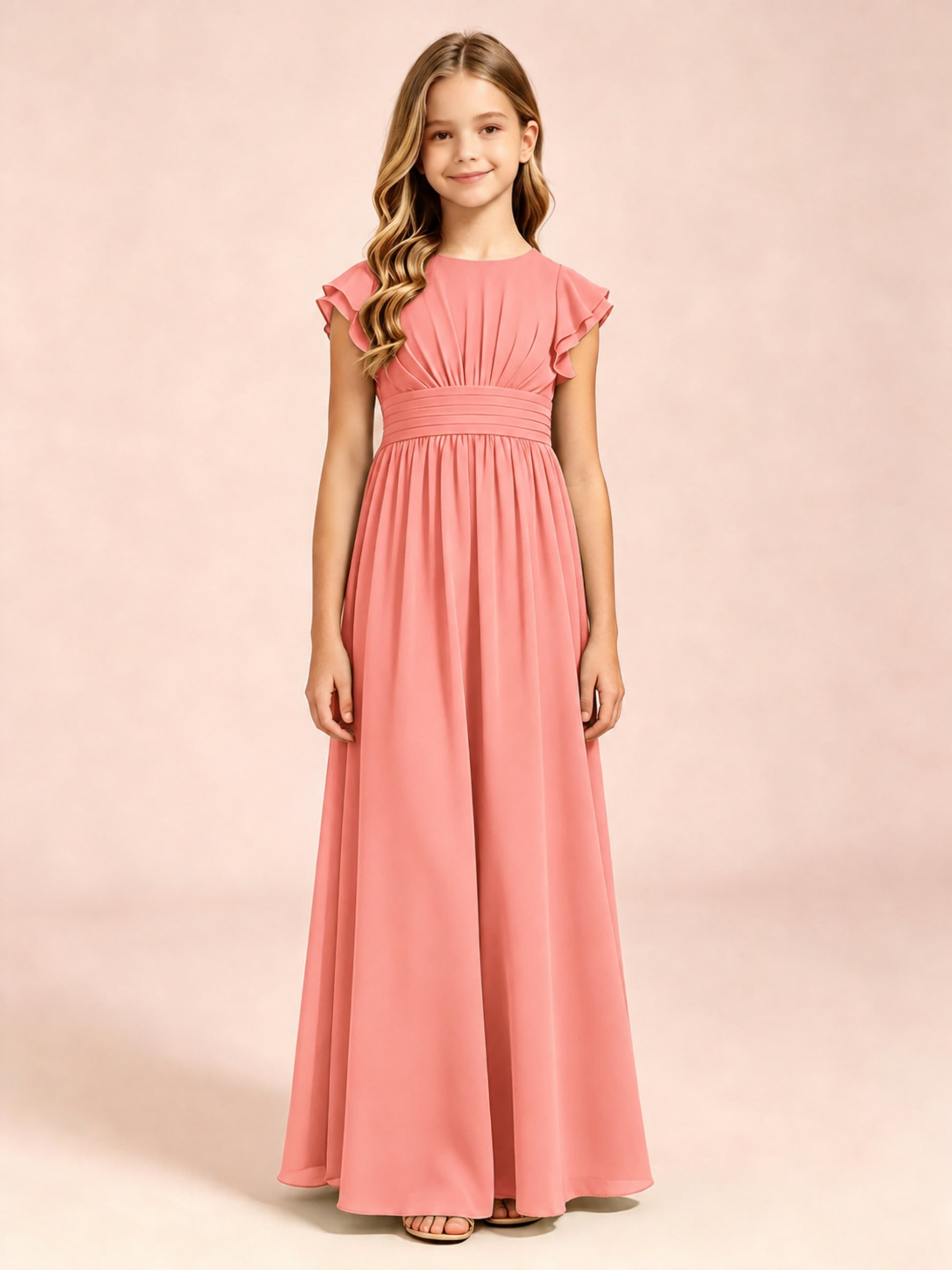 Chiffon Ruffle Cap Sleeve Junior Bridesmaid Dress for Wedding