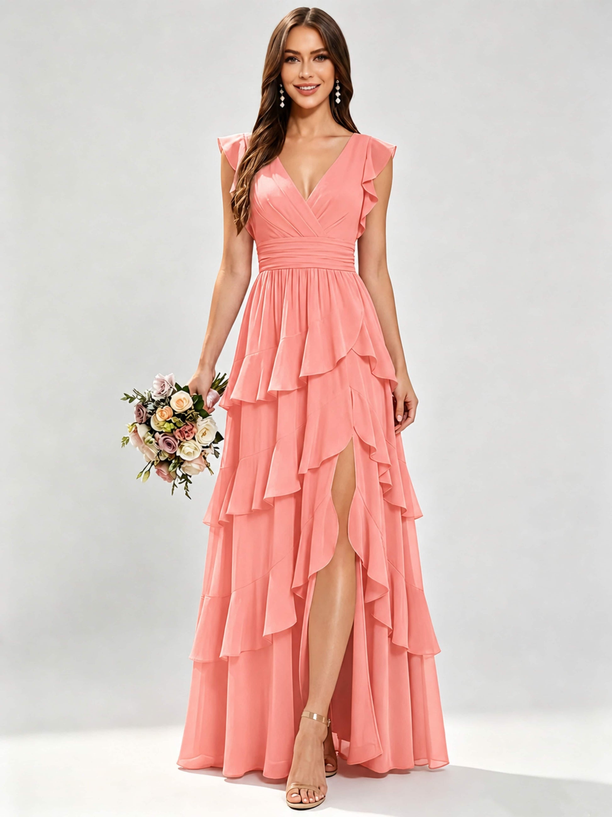 Ruffle Sleeve Tiered Chiffon Bridesmaid Dresses for Wedding with Slit