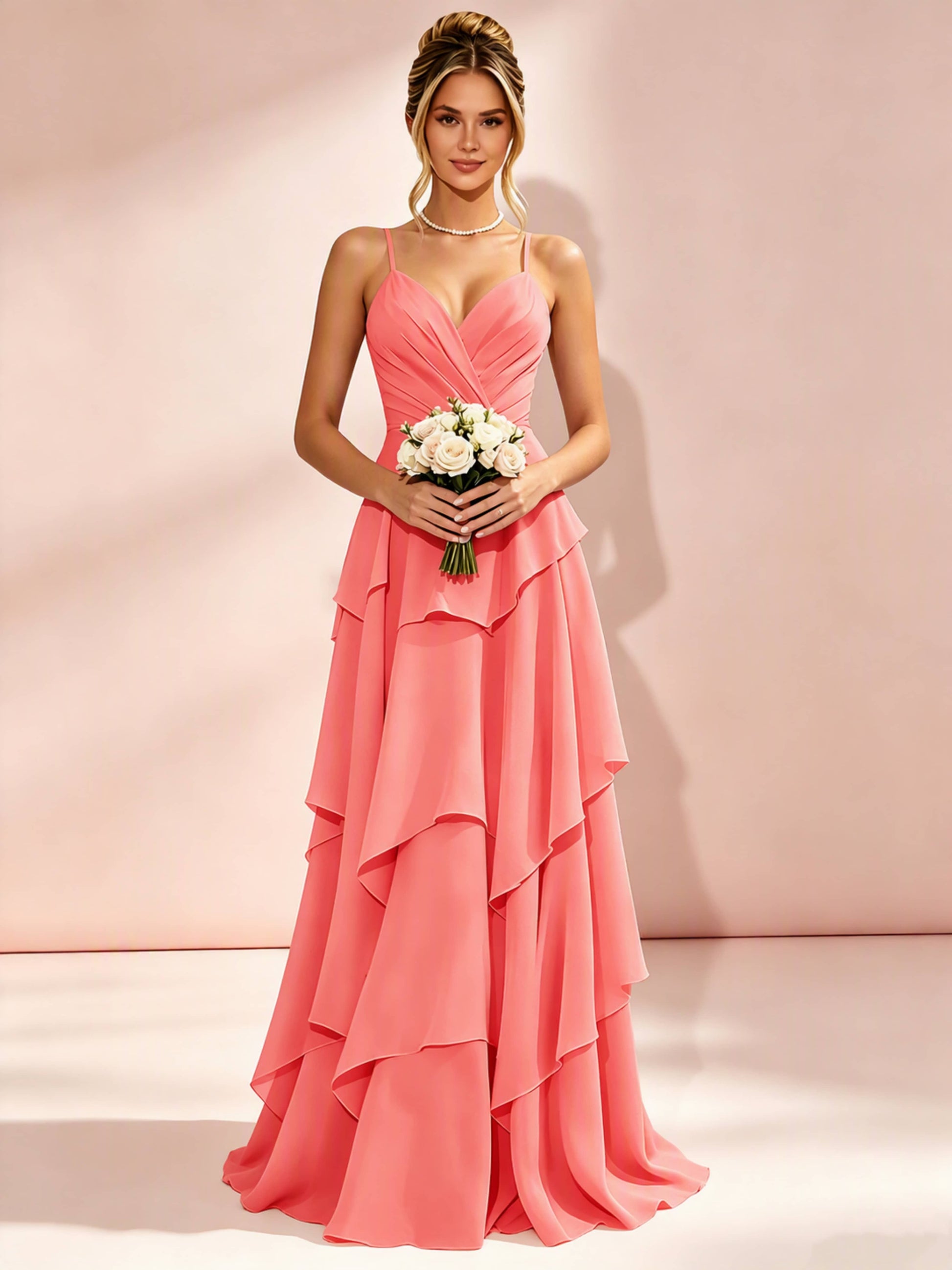 Spaghetti Straps Ruffle Tiered Chiffon Bridesmaid Dress for Wedding