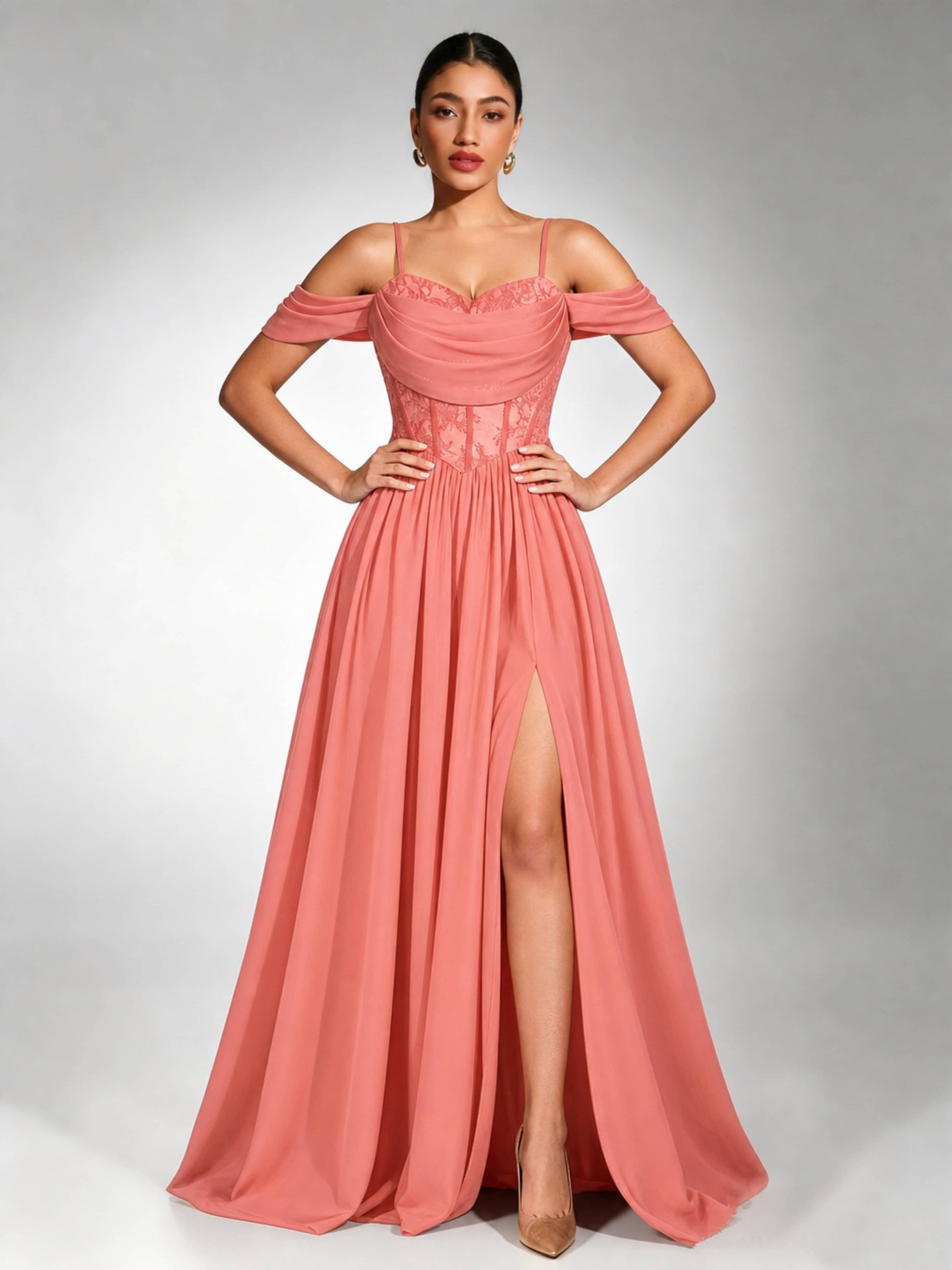 Off Shoulder Chiffon Lace Prom Dress for Teens