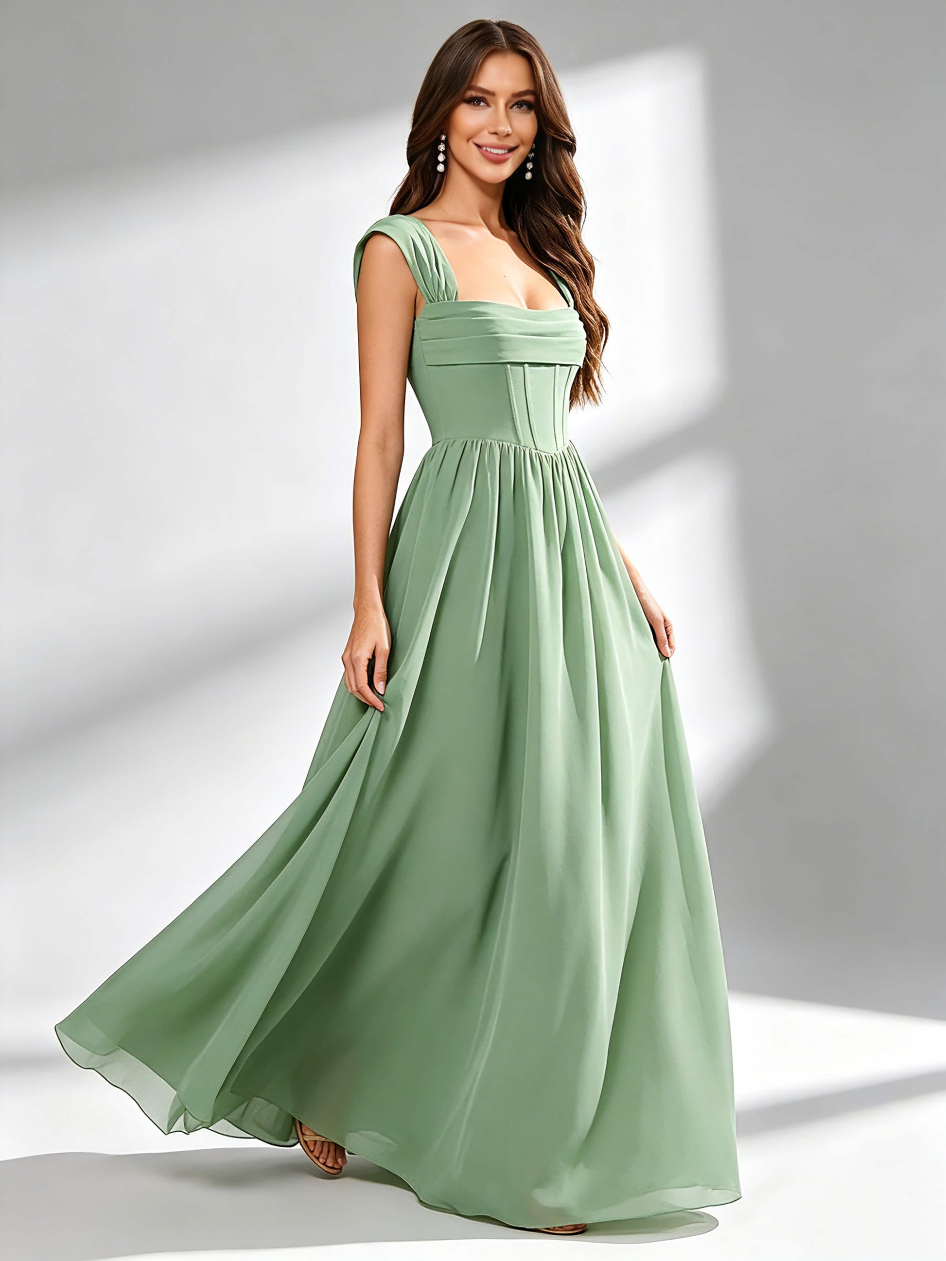 Square Neck Chiffon Bridesmaid Dress Corset Formal Gown
