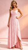 Jacquard Chiffon Cowl Neck Bridesmaid Dresses with Ruffle Slit