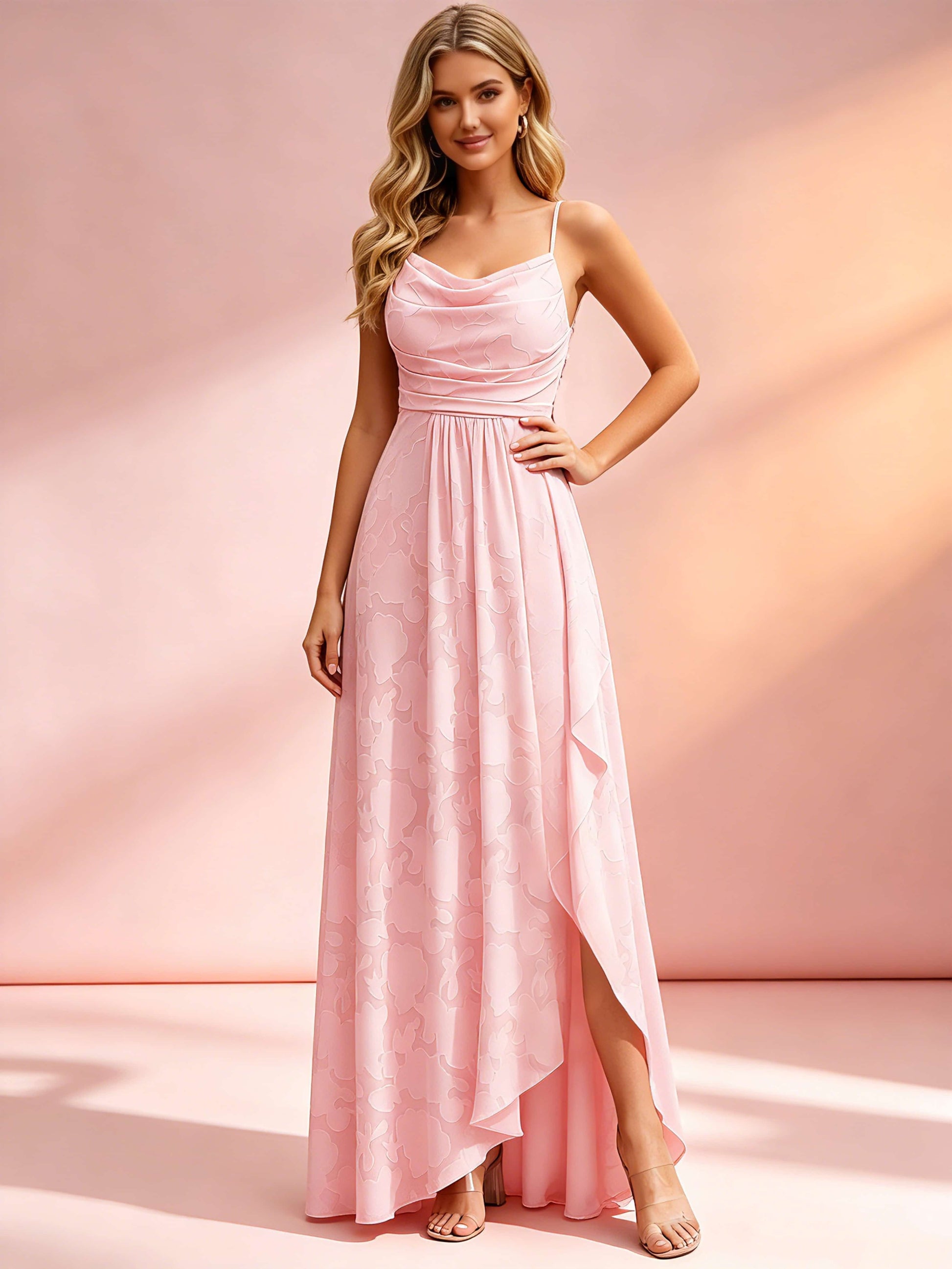 Jacquard Chiffon Cowl Neck Bridesmaid Dresses with Ruffle Slit