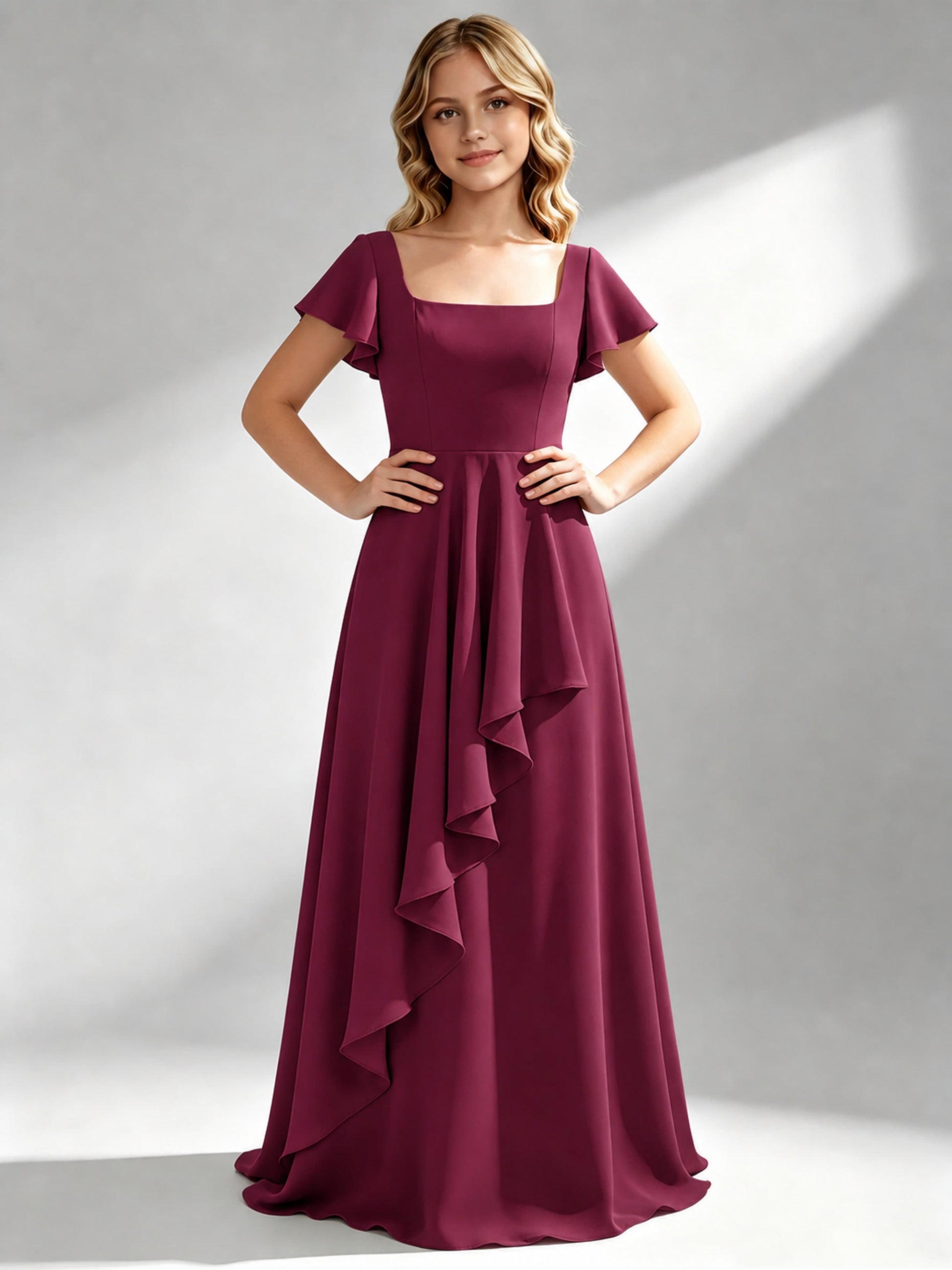 A-Line Square Neck Ruffle Junior Bridesmaid Dresses