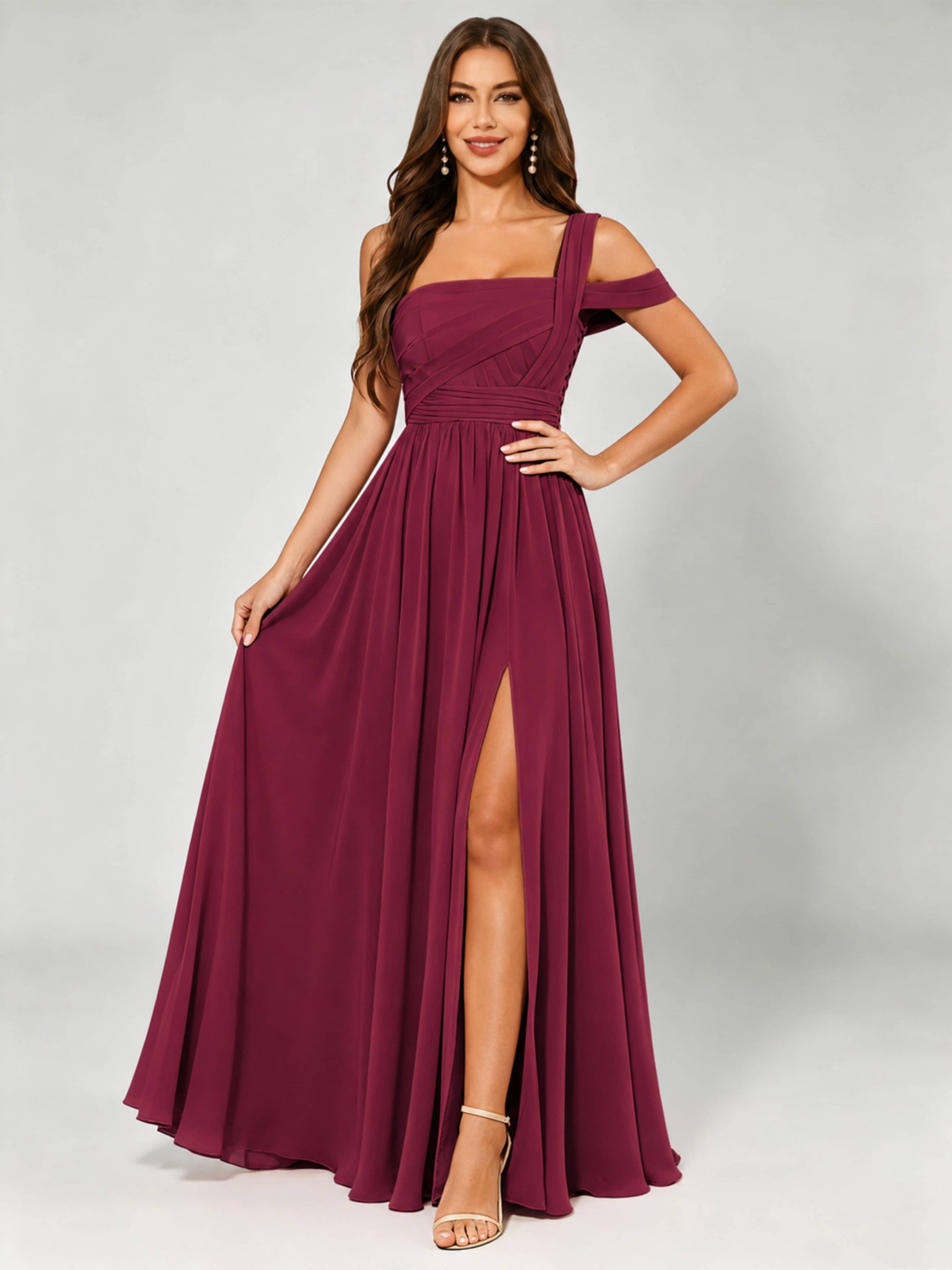 One Shoulder Chiffon Pleated Bridesmaid Dresses for Wedding