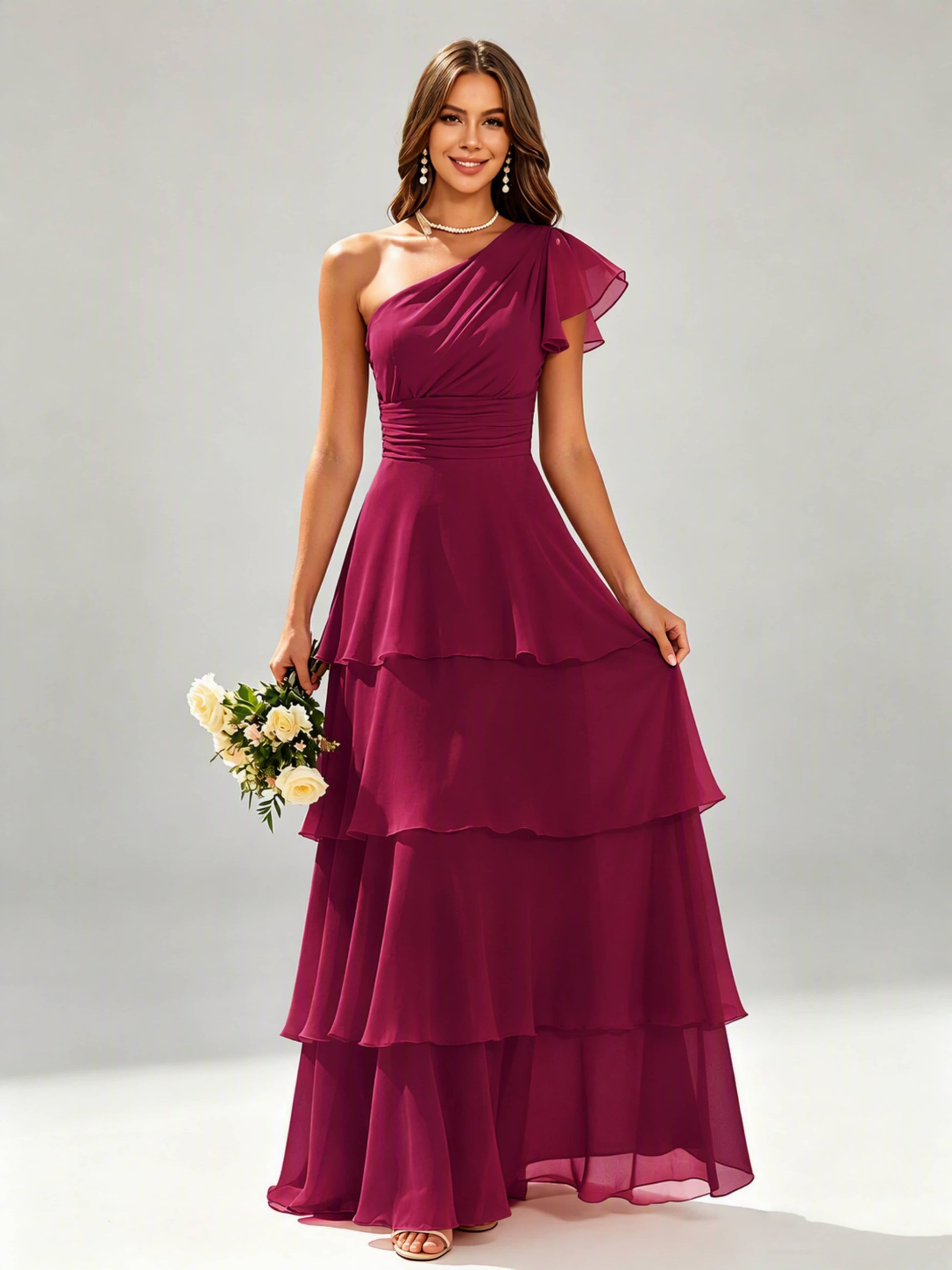 One Shoulder Ruffle Tiered Chiffon Bridesmaid Dress for Wedding