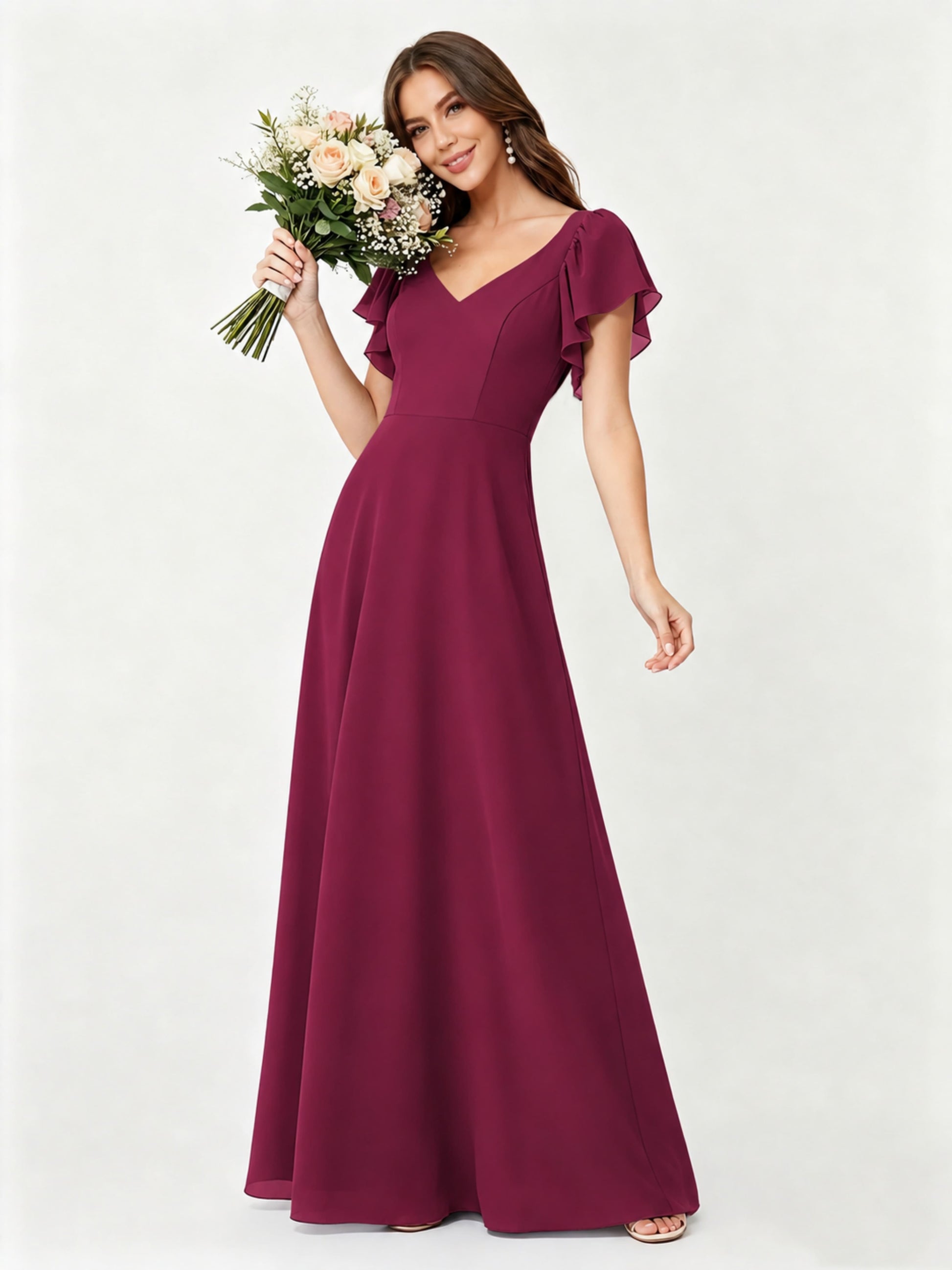Ruffle Sleeve Chiffon Bridesmaid Dresses for Women Wedding