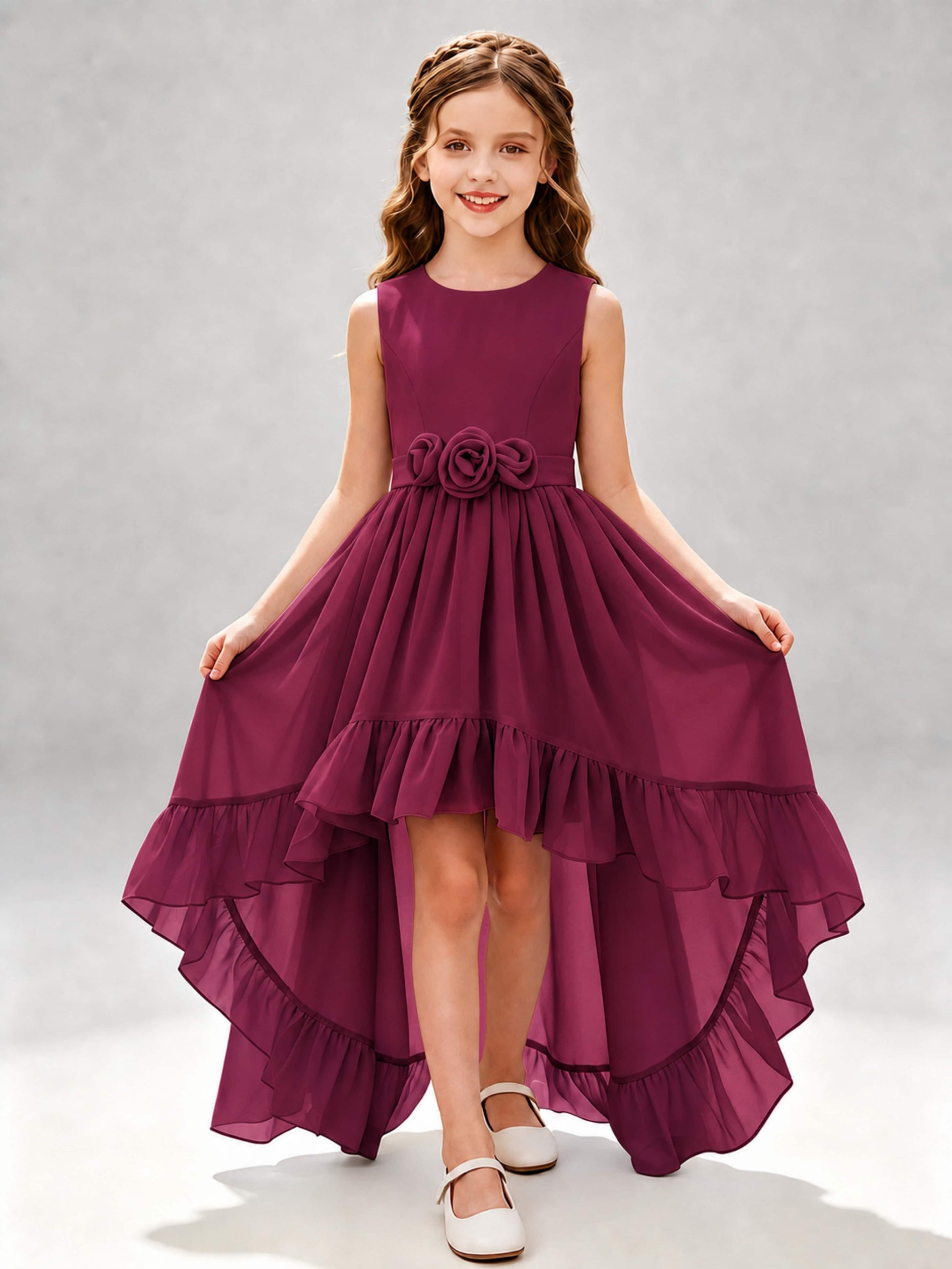 Chiffon 3D Flower High Low Junior Bridesmaid Dresses