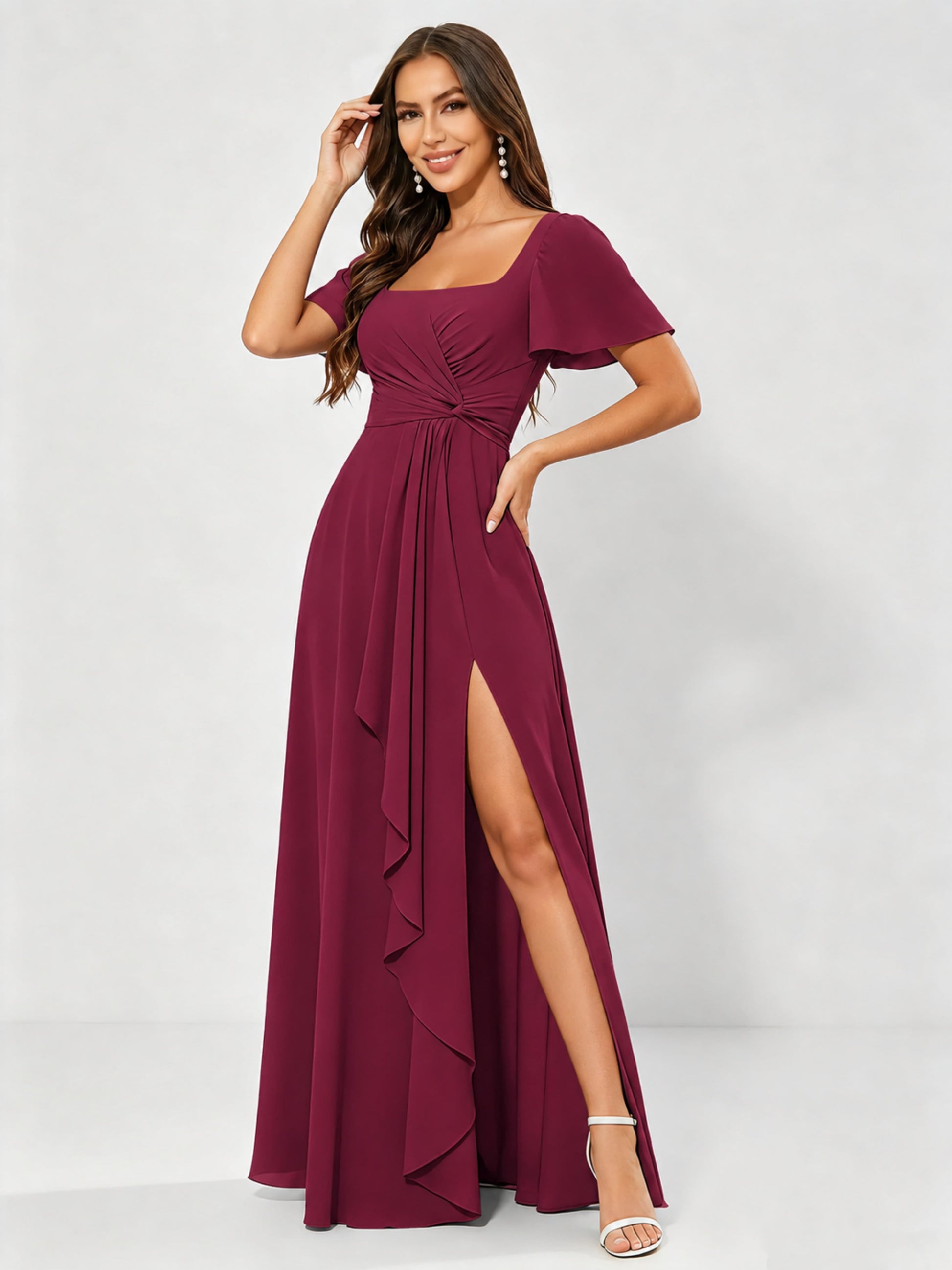 Square Neck Chiffon Ruffle Bridesmaid Dress with Slit