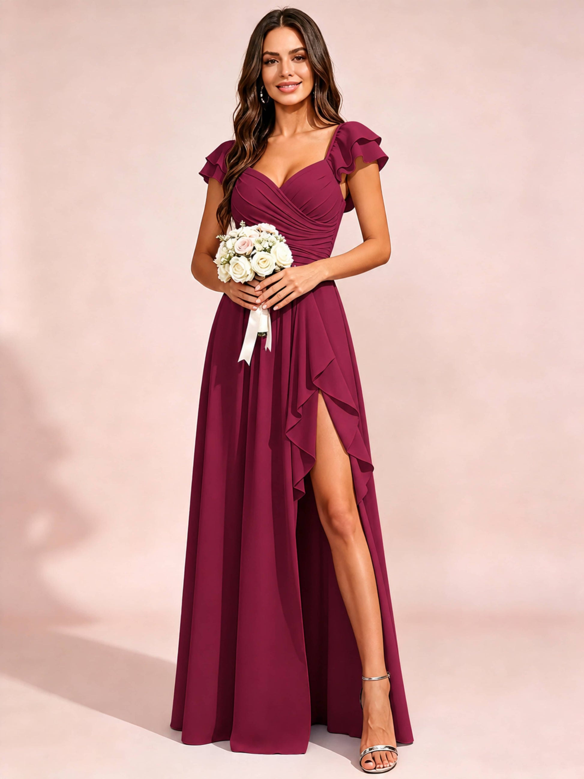 Chiffon Sweetheart Neck Ruched Bust Bridesmaid Dresses with Ruffle Slit