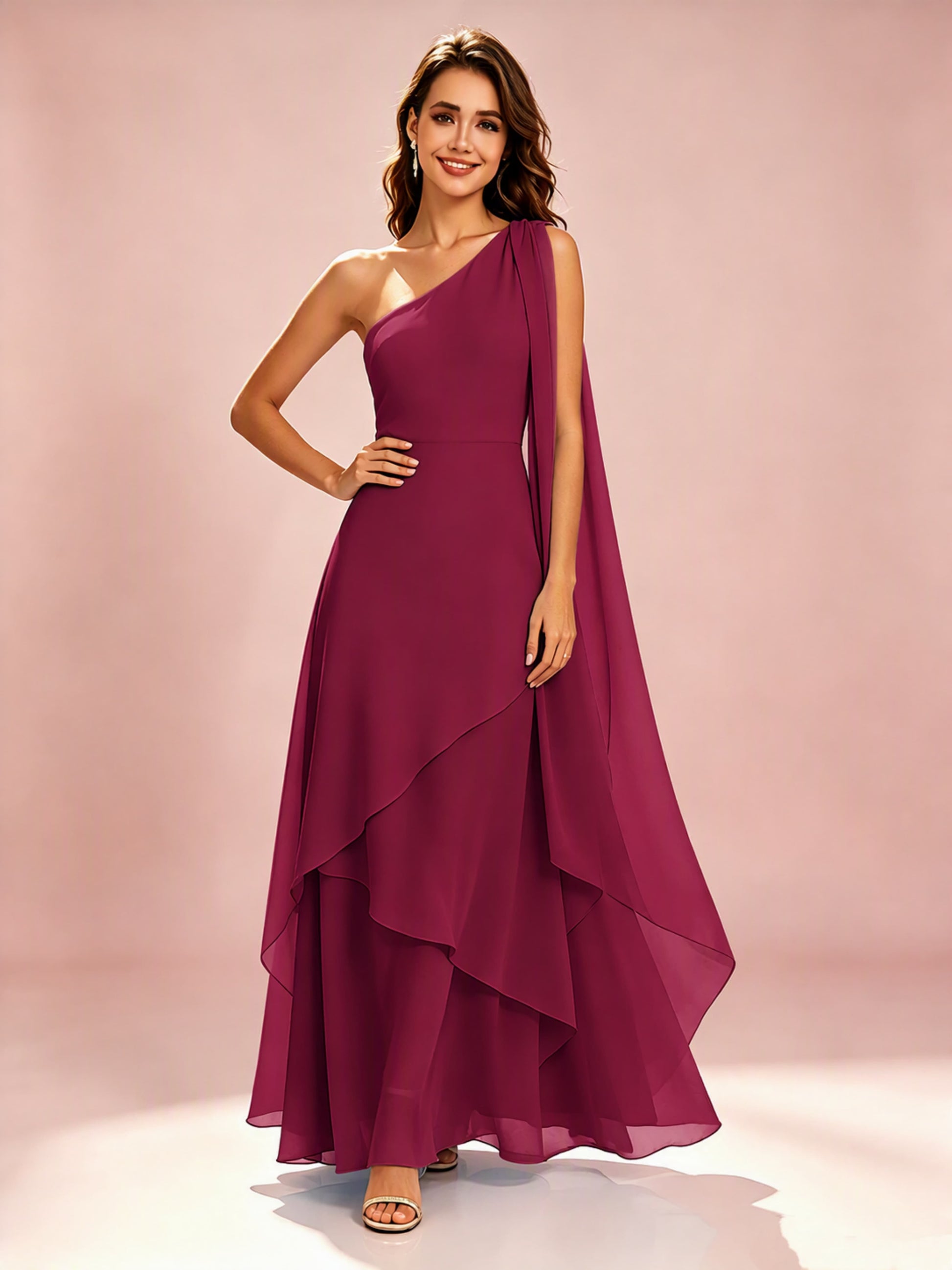 One Shoulder Chiffon Tiered Layered Bridesmaid Dresses for Wedding