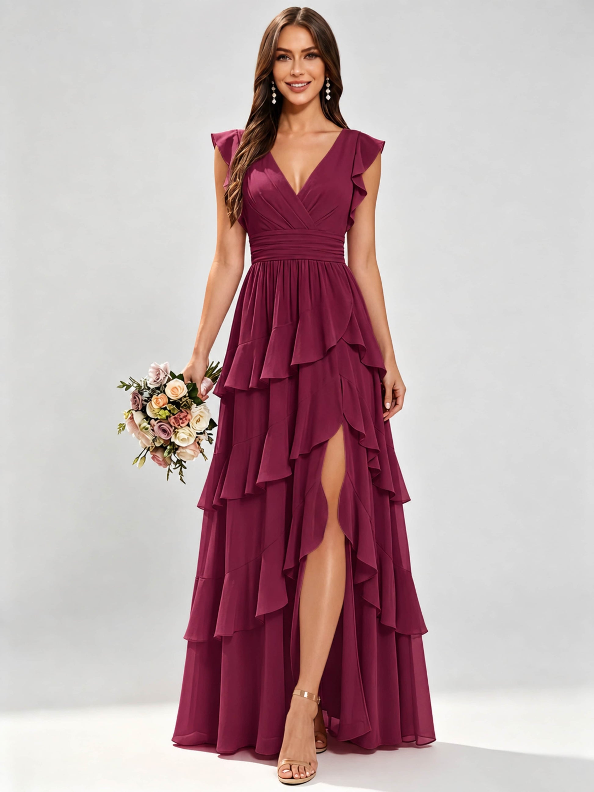 Ruffle Sleeve Tiered Chiffon Bridesmaid Dresses for Wedding with Slit