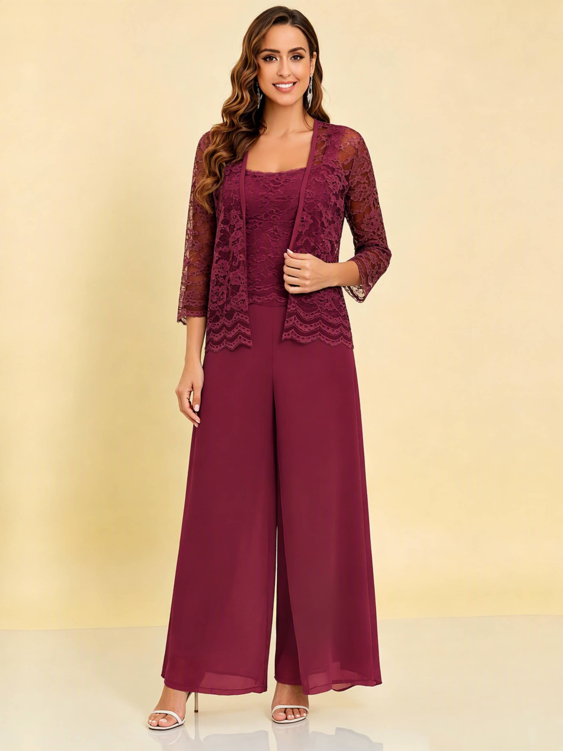 Chiffon Lace Flowy 3 Pieces Mother of The Bride Pant Suits Women Wedding