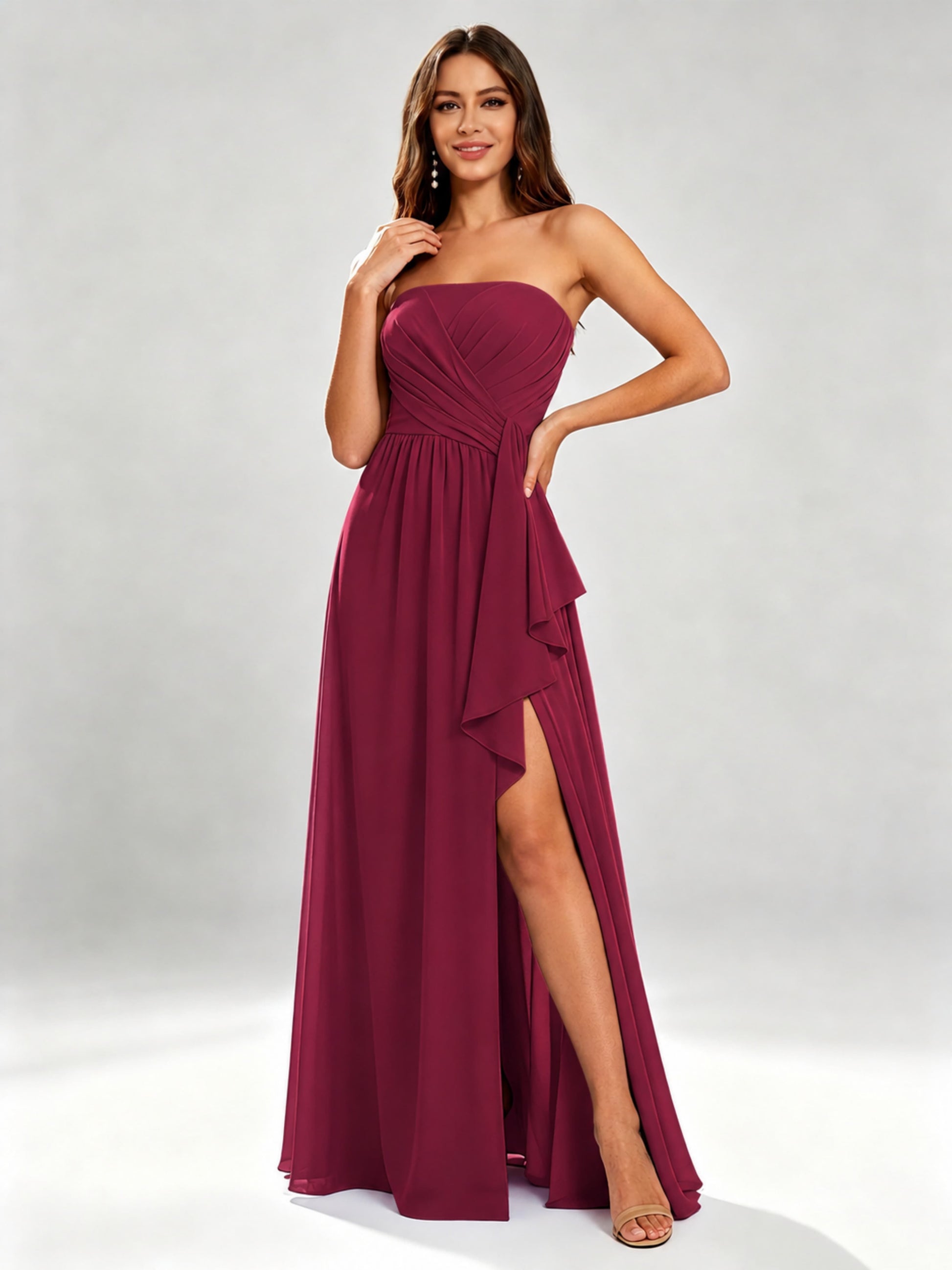 Chiffon Strapless Women's Bridesmaid Dresses with Slit