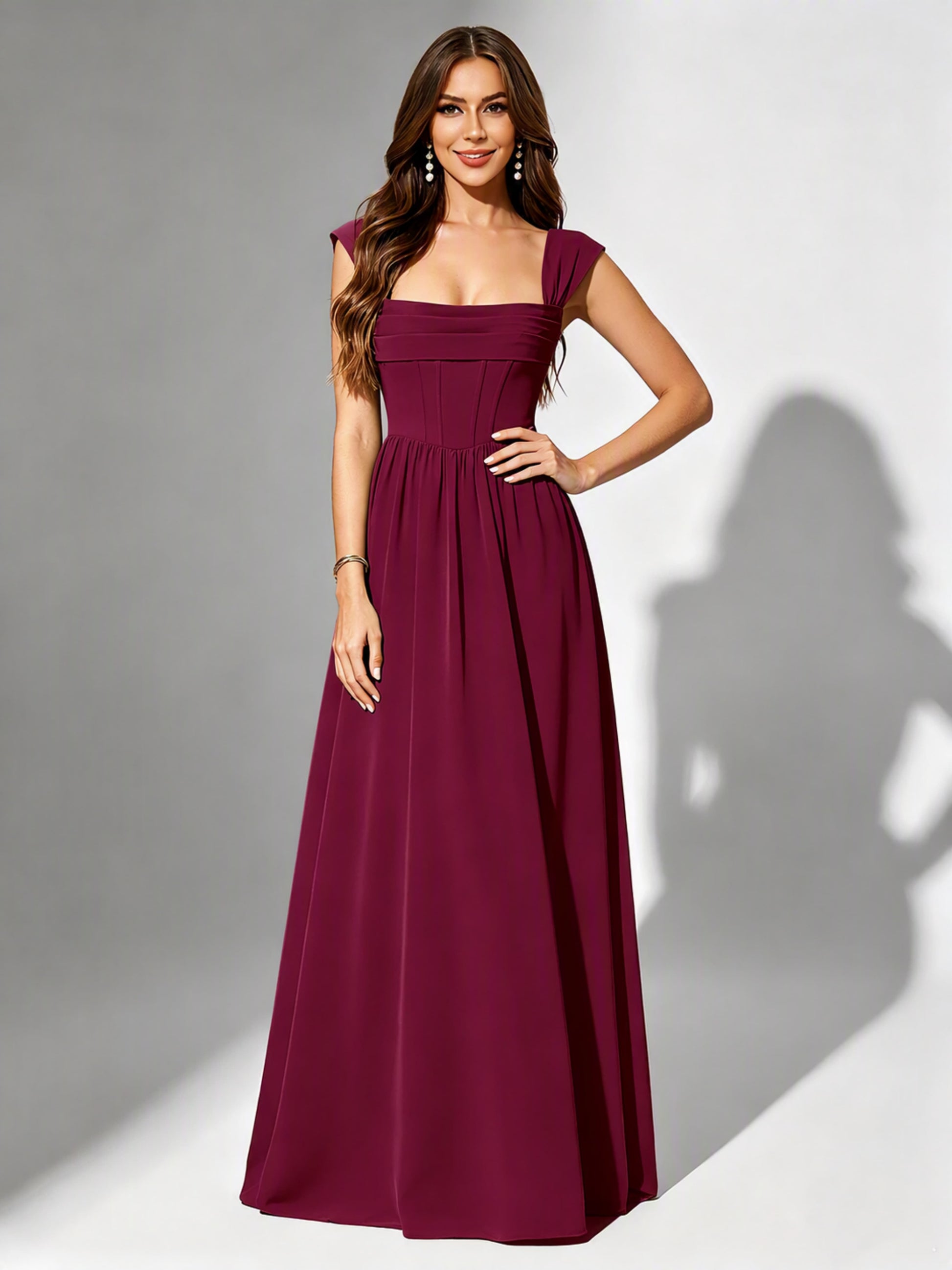 Square Neck Chiffon Bridesmaid Dress Corset Formal Gown