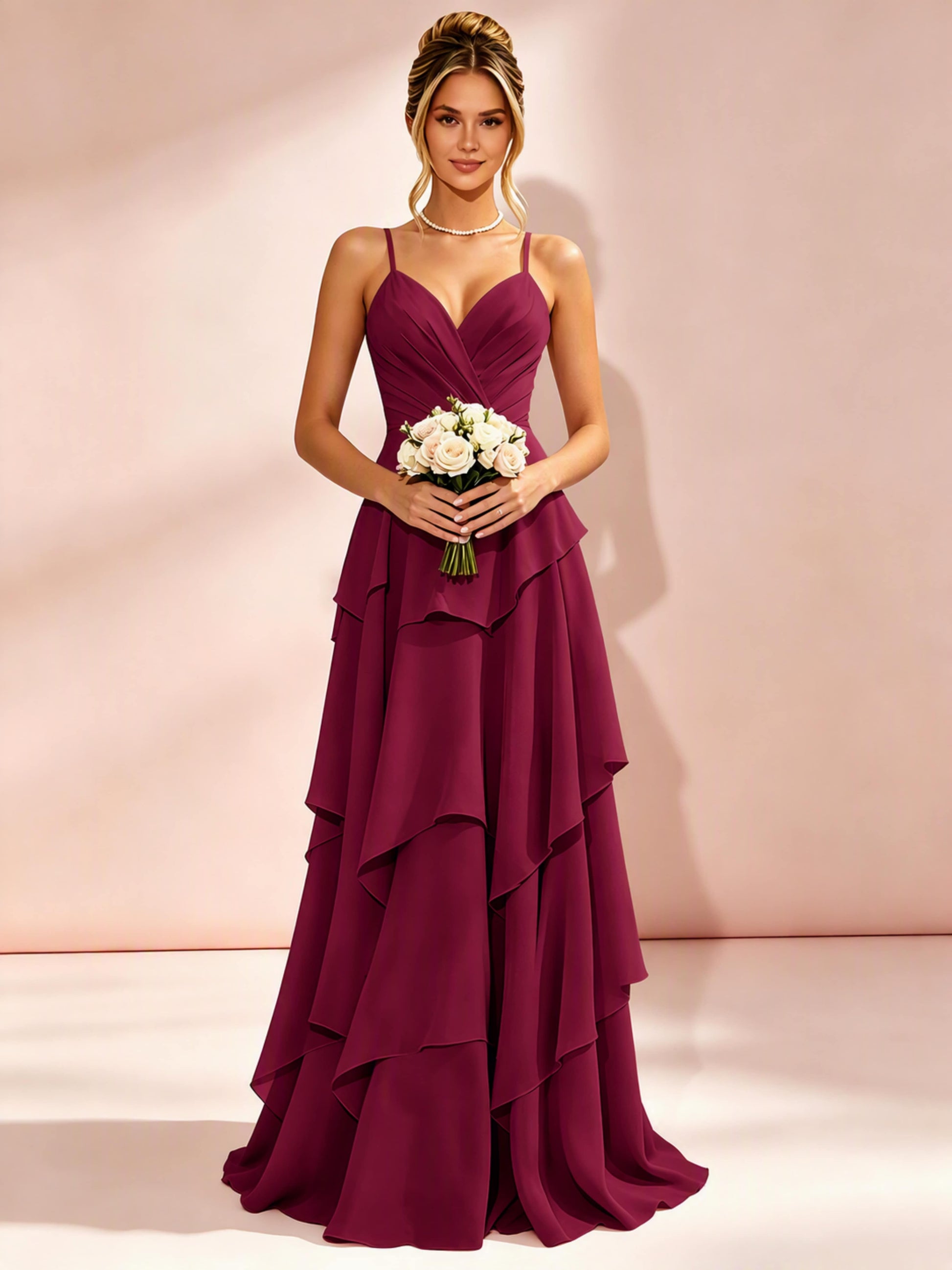 Spaghetti Straps Ruffle Tiered Chiffon Bridesmaid Dress for Wedding