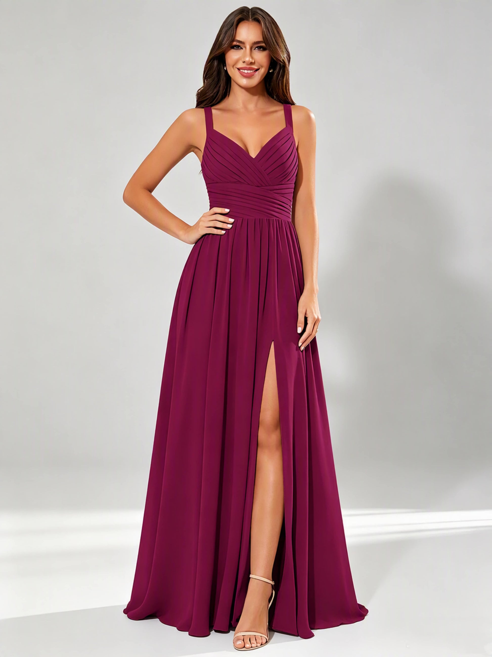 Spaghetti Straps Chiffon Ruched Bust Pleated Bridesmaid Dress for Wedding