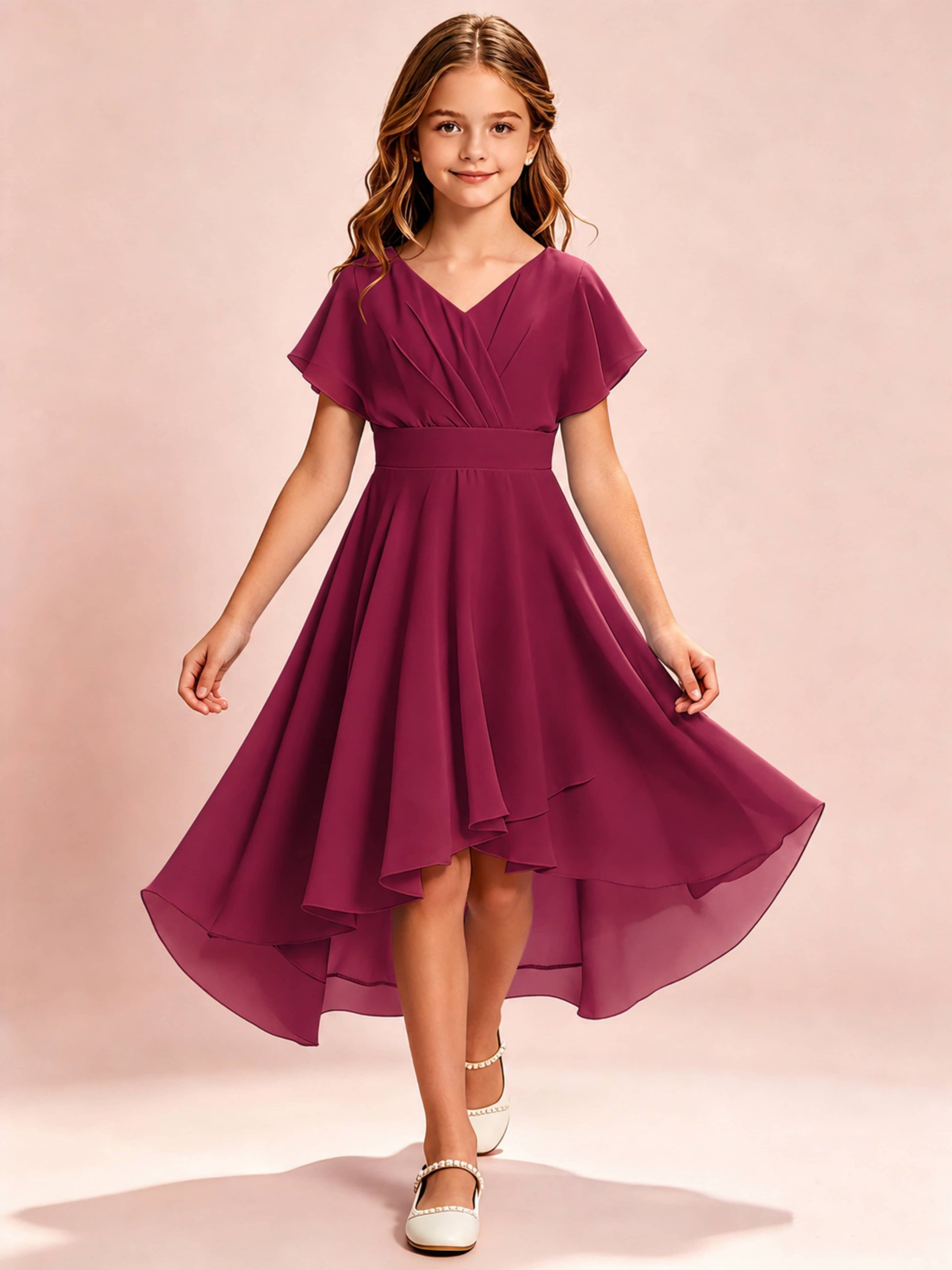 Chiffon High Low Cap Sleeve Junior Bridesmaid Dress for Wedding