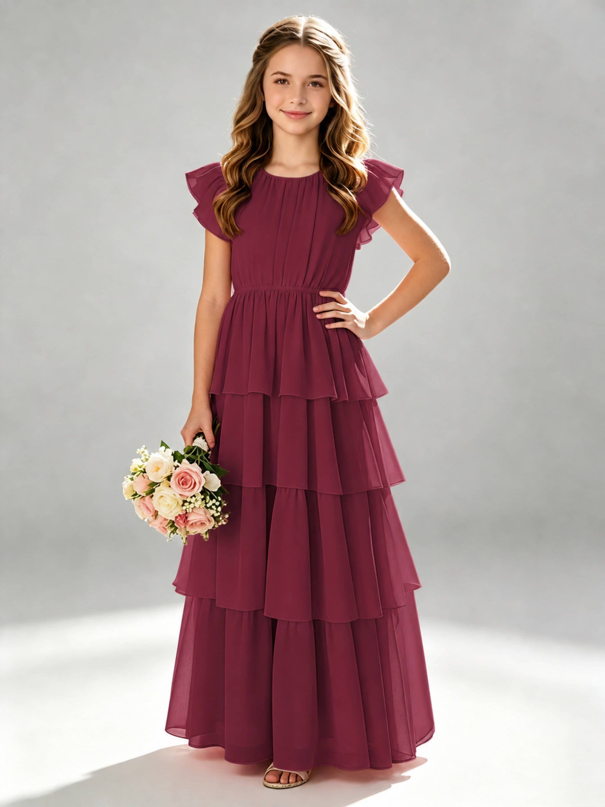 Chiffon Tiered Pleated Long Junior Bridesmaid Dresses