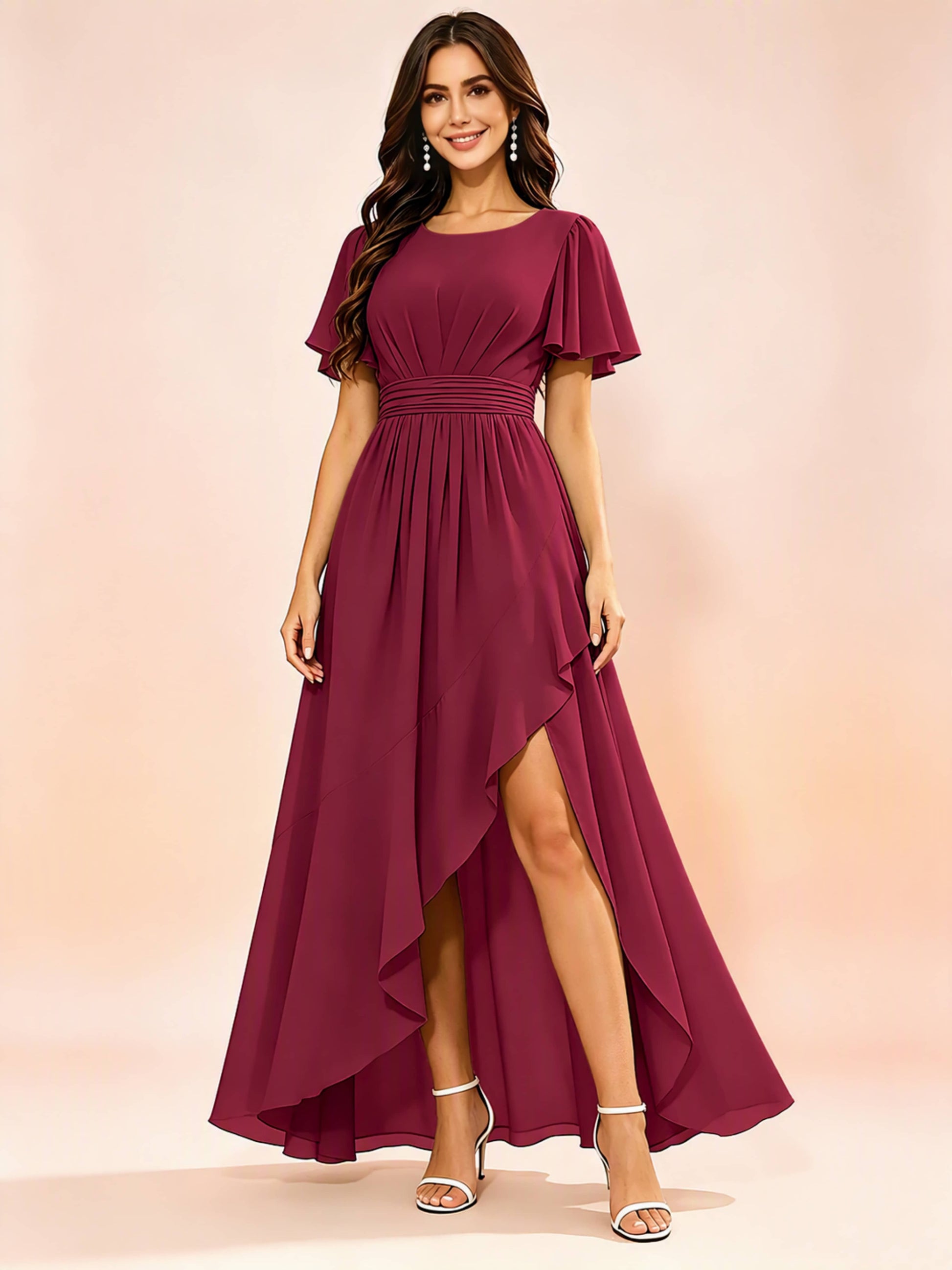 Chiffon High Low Round Neck Bridesmaid / Wedding Guest Dresses