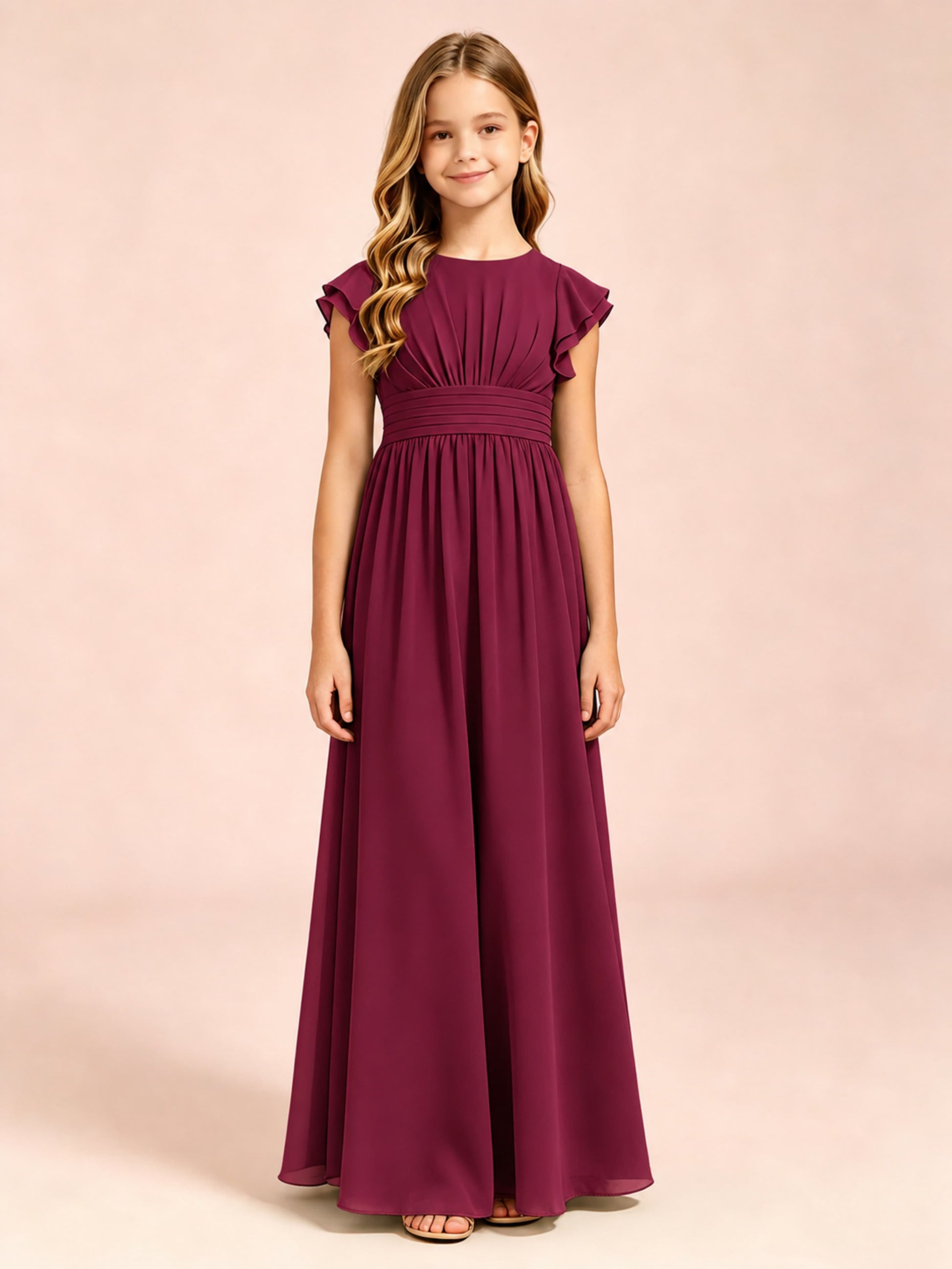 Chiffon Ruffle Cap Sleeve Junior Bridesmaid Dress for Wedding