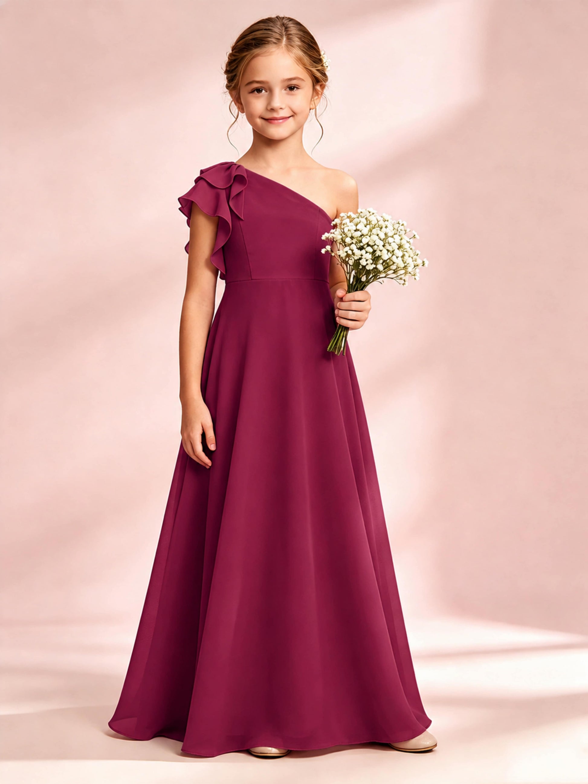 Chiffon Junior Bridesmaid Dress for Wedding One Shoulder Flower Girl Dresses