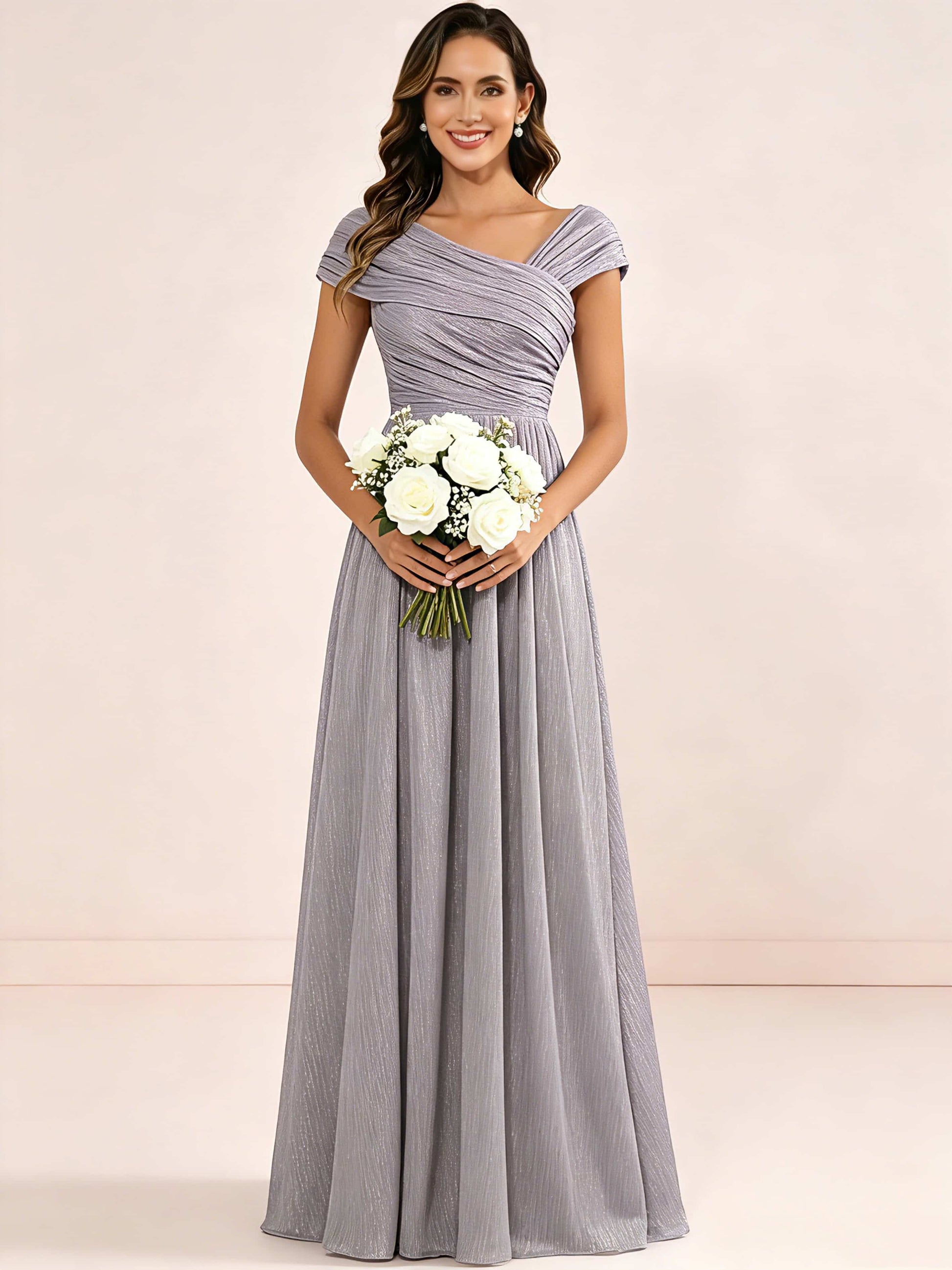 Shiny Striped Chiffon Ruched Cap Sleeve Mother of The Bride Dress