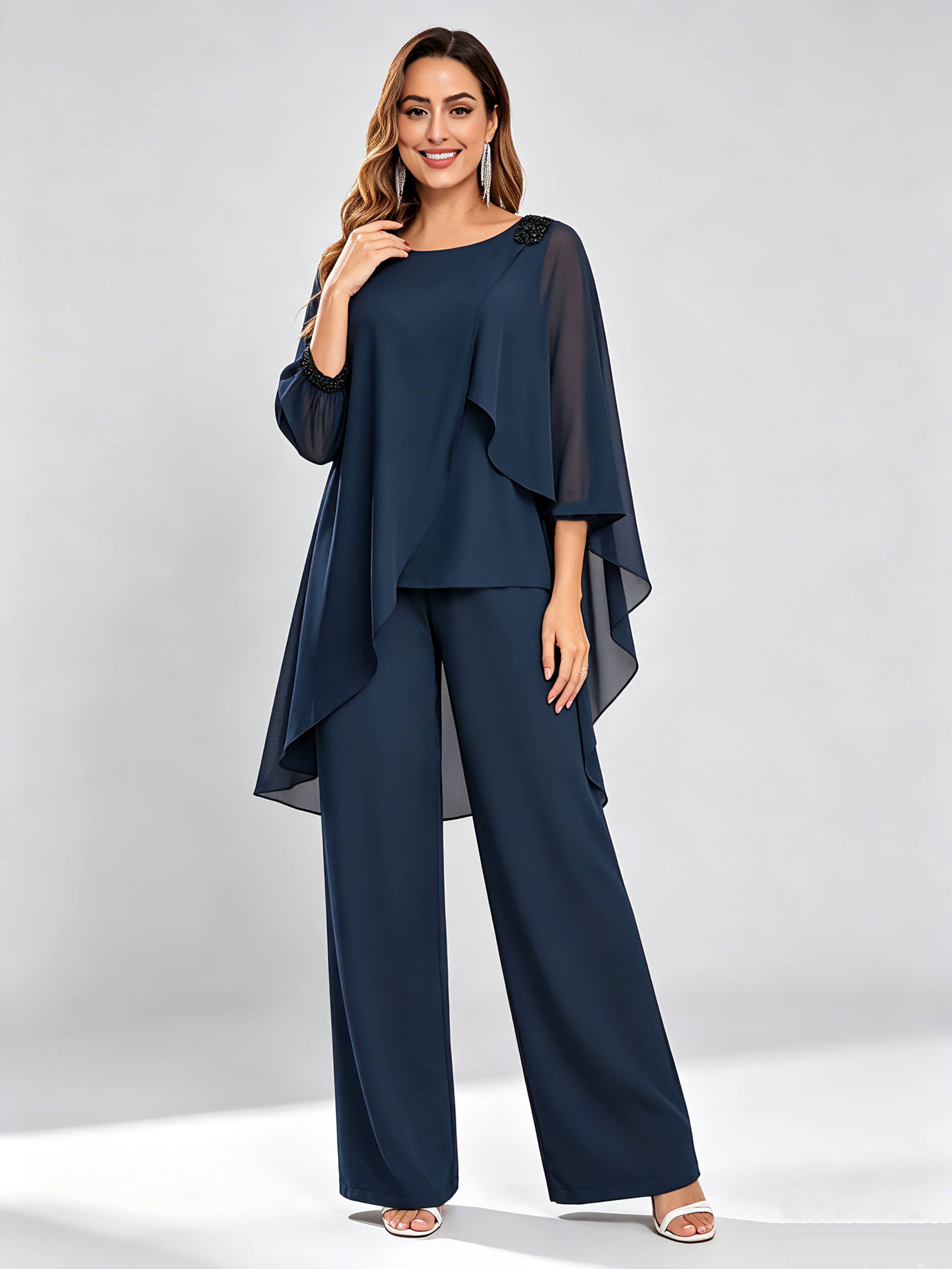 Asymmetric Chiffon 2 Pieces Mother of The Bride Pant Suits