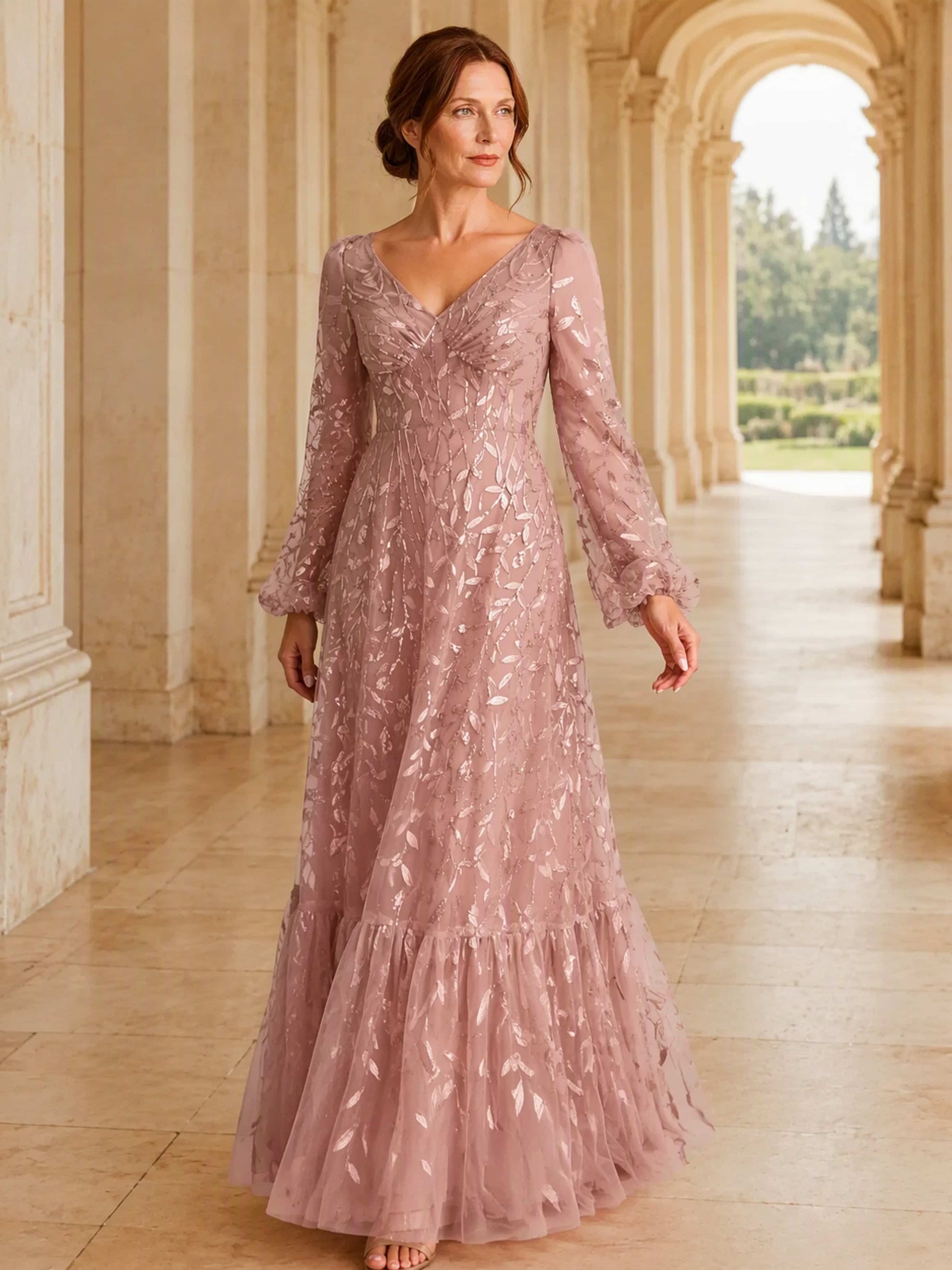 Leaf Sequin Embroidery Tulle Long Sleeve Elegant Mother Dress for Wedding