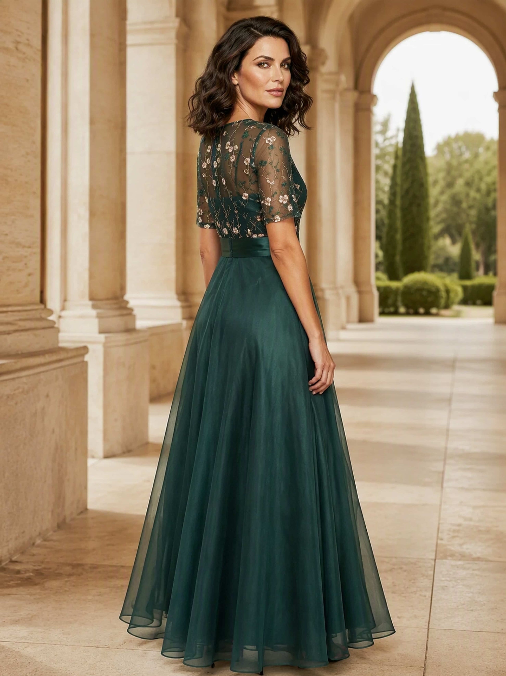 Short Sleeve Embroidery Tulle Puffy Mother of Groom/Bride Dress