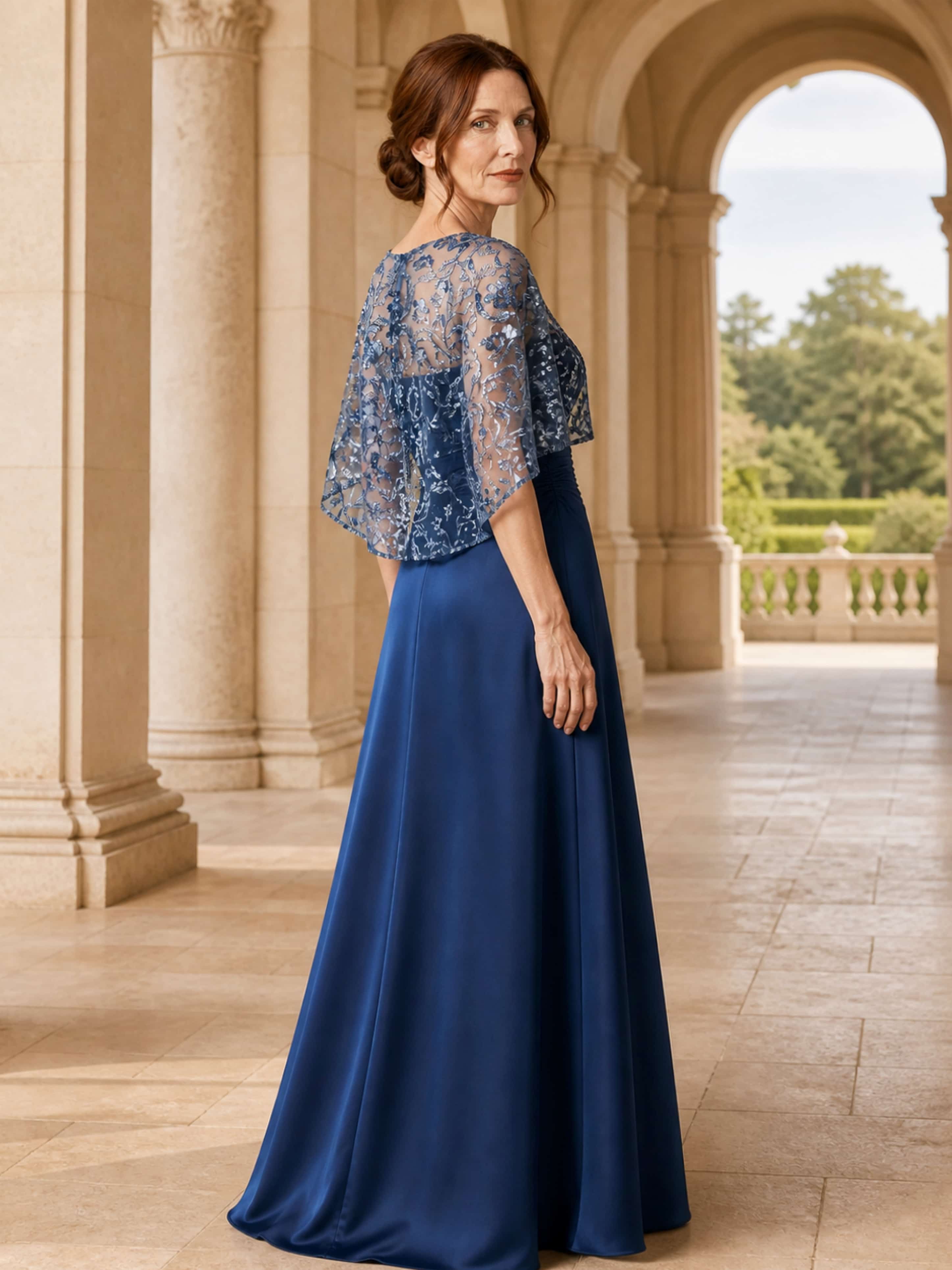 Sequin Satin Dressy Mother of The Bride Dress with Cape