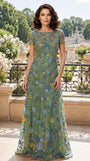 Embroidery Short Sleeve Elegant Floor Length Formal Party Dress