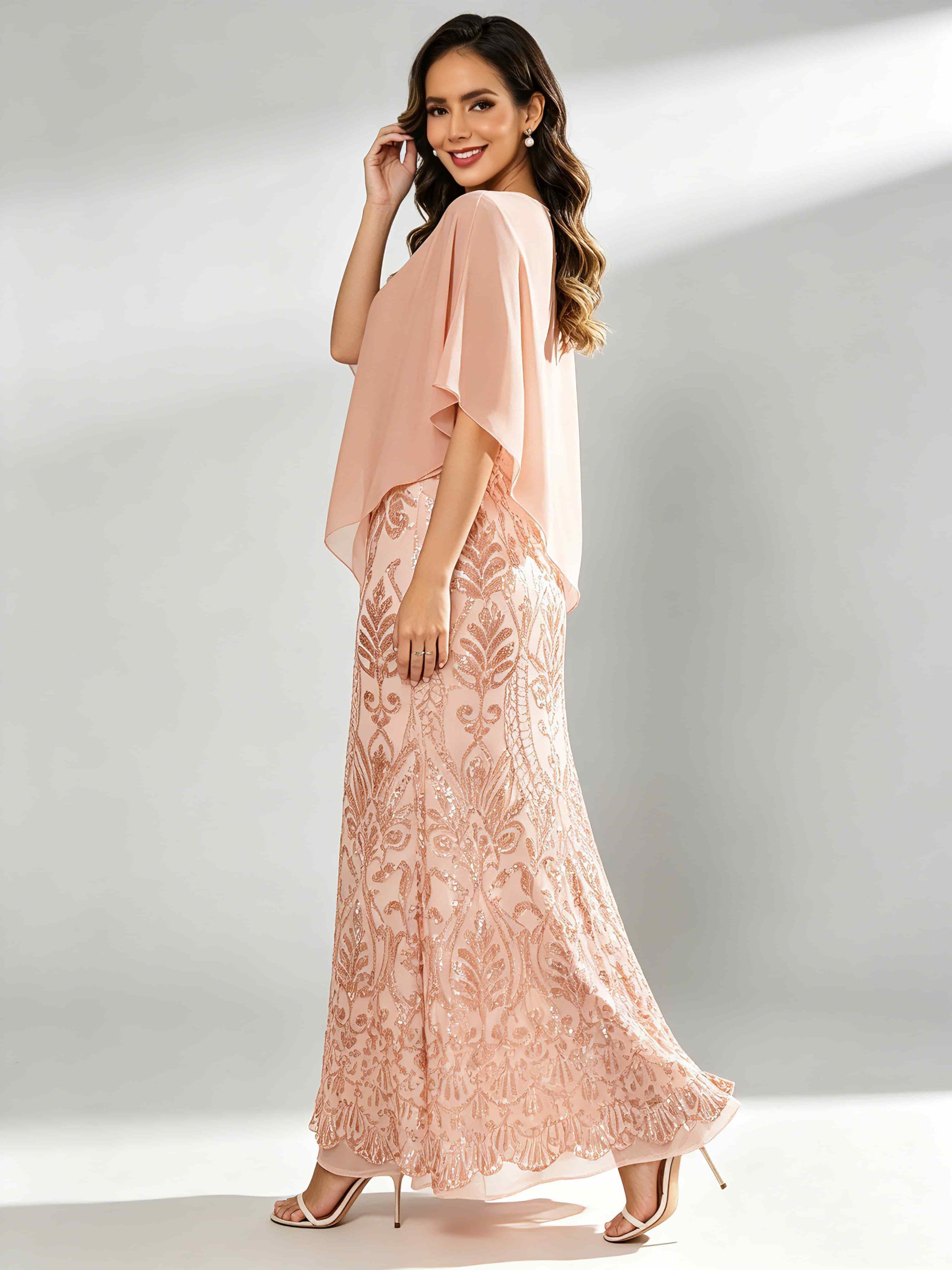 Mermaid Sequin Mother of The Bride Dress with Chiffon Cape