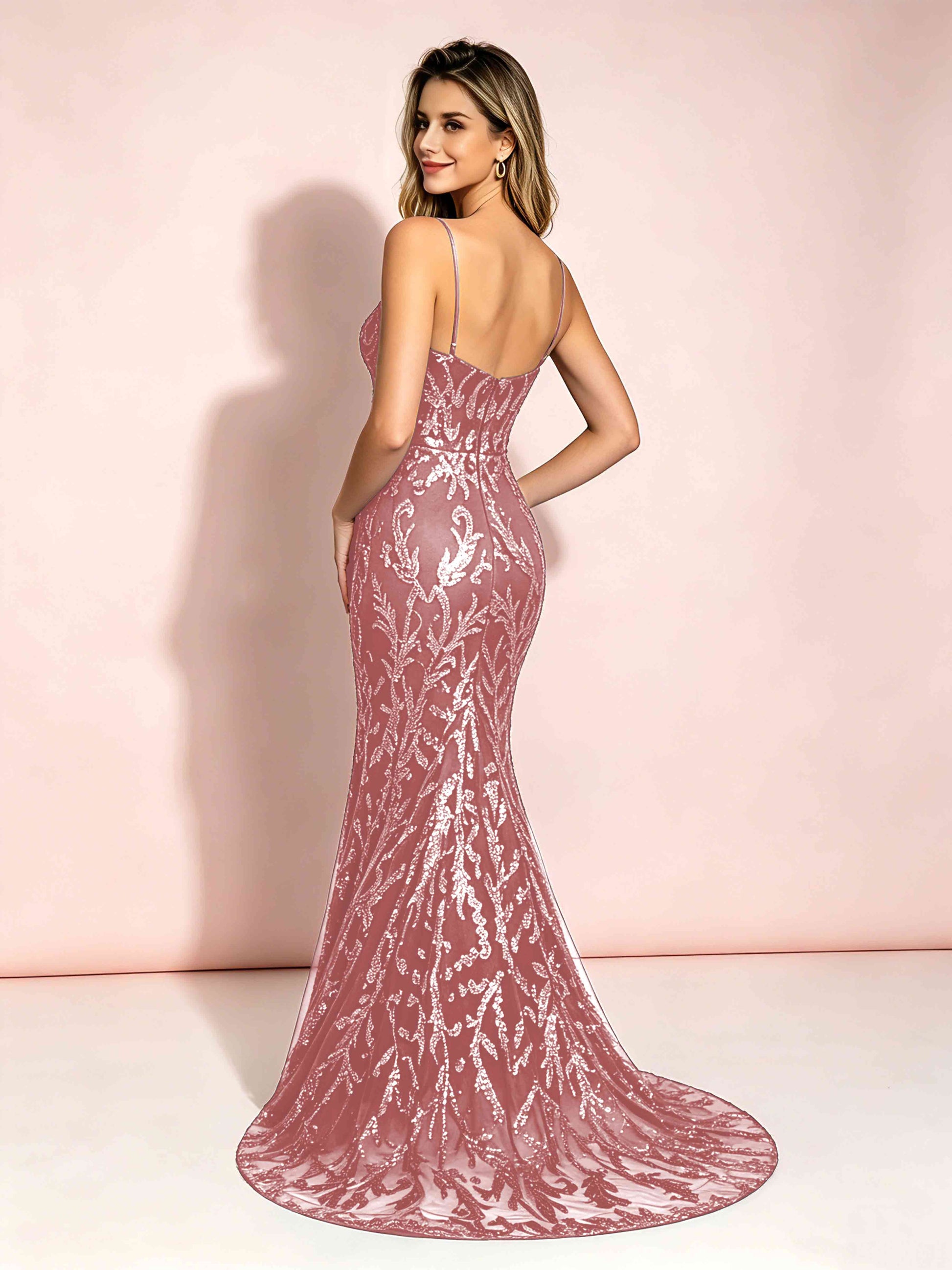 Mermaid V-Neck Sweep Train Sequin Sparkly Prom Dresses with Slit
