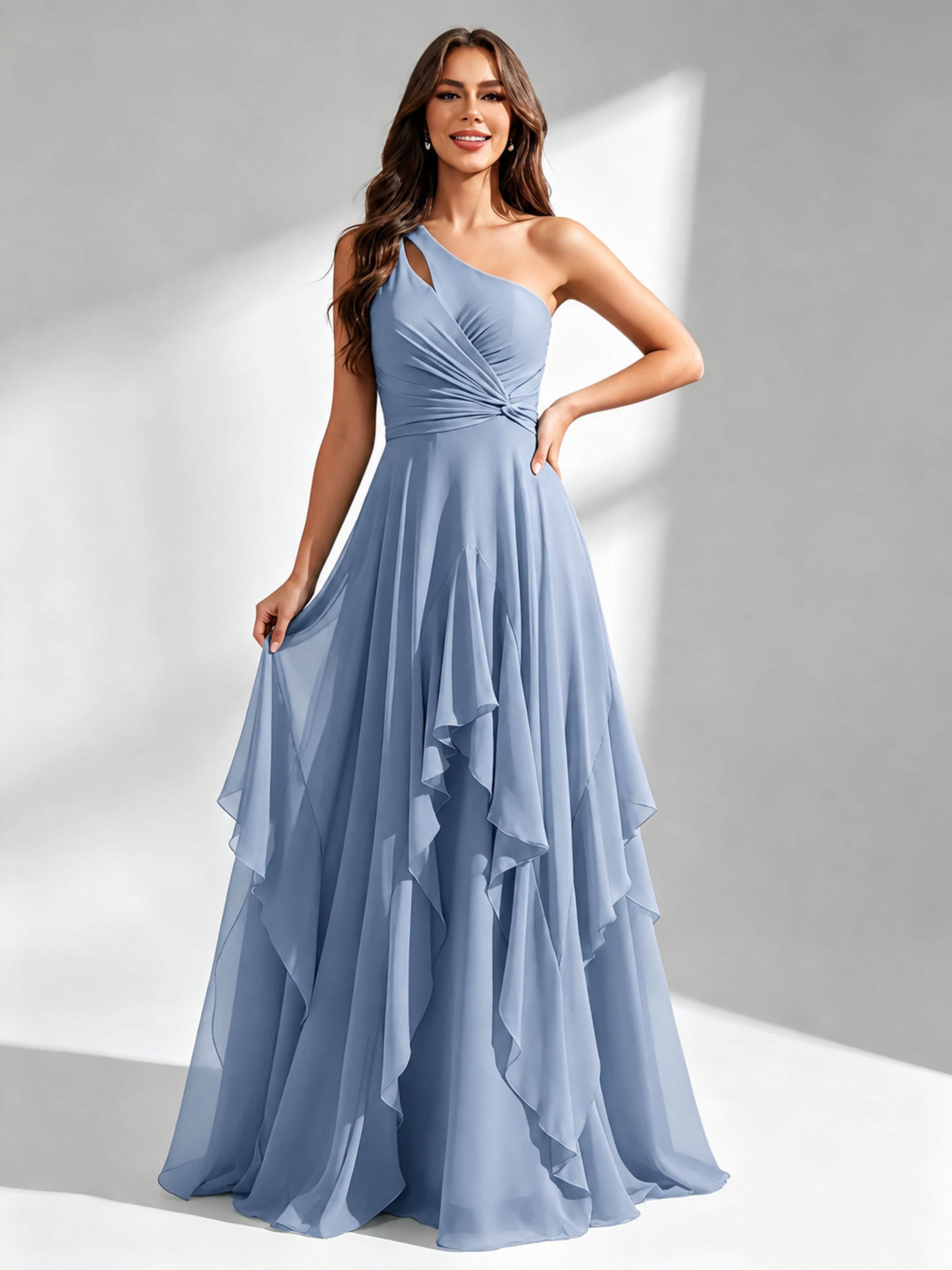 One Shoulder Ruffle Bridesmaid Dresses Formal Evening Gown